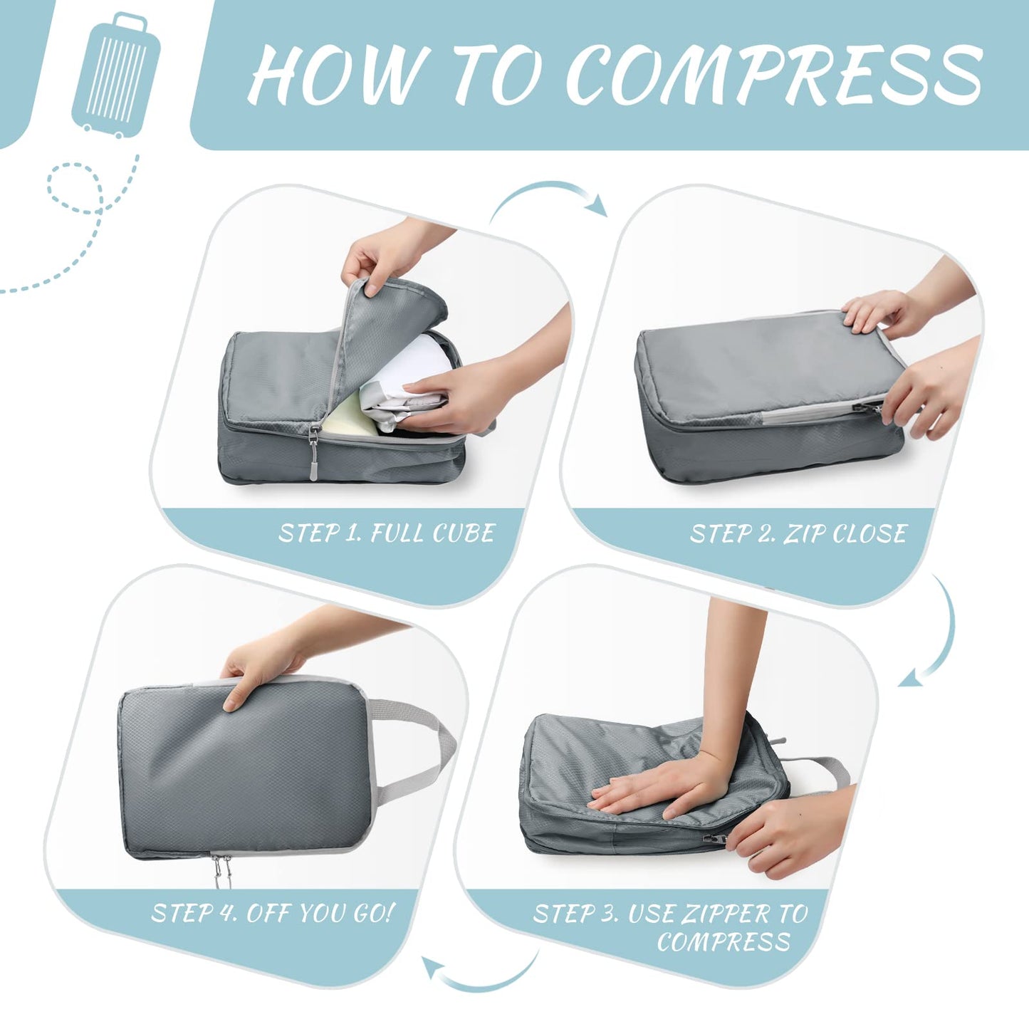 WOOMADA Compression Packing Cubes for Suitcases Travel Essentials 4 Set Expandable Travel Bags Organizer for Luggage(dark grey)