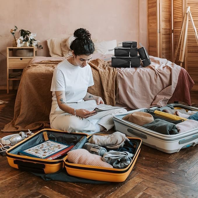 WOOMADA Compression Packing Cubes for Suitcases Travel Essentials 4 Set Expandable Travel Bags Organizer for Luggage(dark grey)