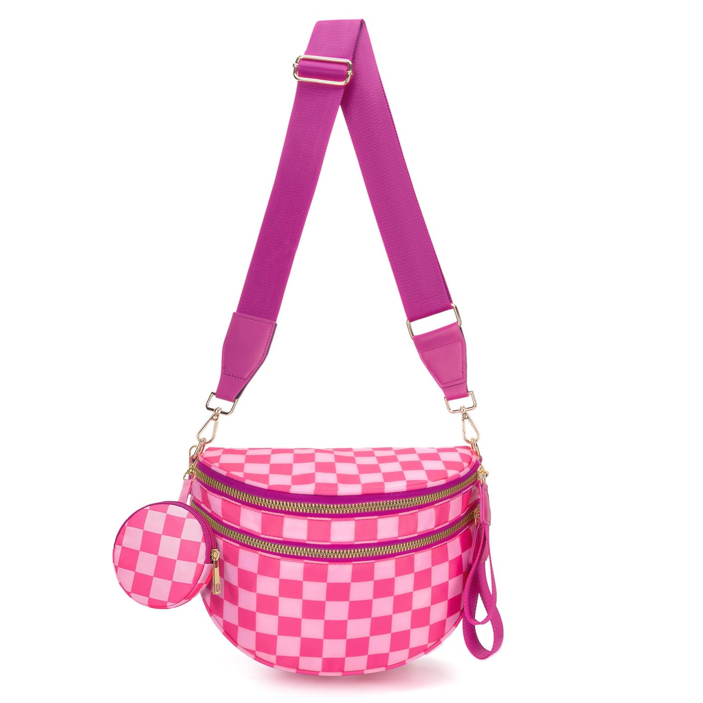 WOOMADA Checkered Crossbody Bag Bum Bag for Women, Fanny Pack Checkered Purse, Belt Bag with Shoulder Strap(Brown Checkerboard)