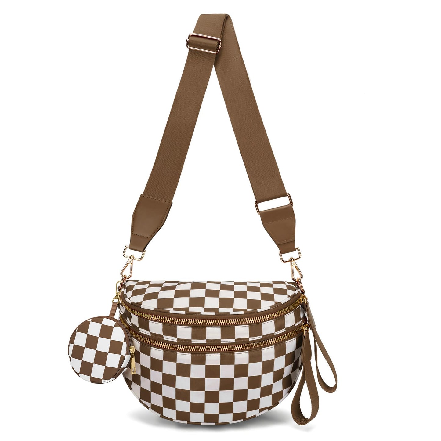 WOOMADA Checkered Crossbody Bag Bum Bag for Women, Fanny Pack Checkered Purse, Belt Bag with Shoulder Strap(Brown Checkerboard)