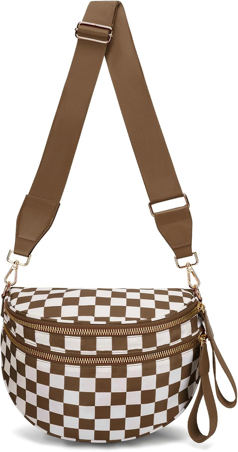 WOOMADA Checkered Crossbody Bag Bum Bag for Women, Fanny Pack Checkered Purse, Belt Bag with Shoulder Strap(Brown Checkerboard)