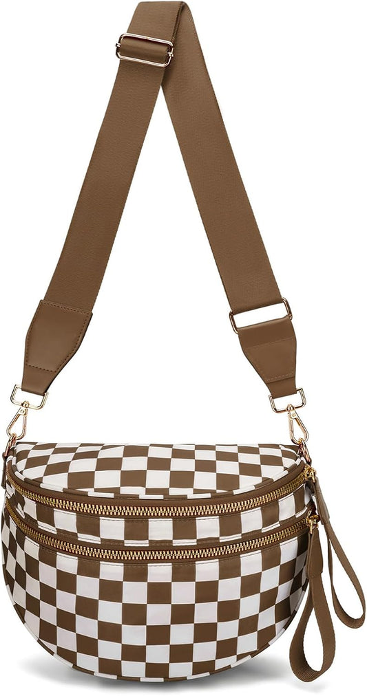 WOOMADA Checkered Crossbody Bag Bum Bag for Women, Fanny Pack Checkered Purse, Belt Bag with Shoulder Strap(Brown Checkerboard)