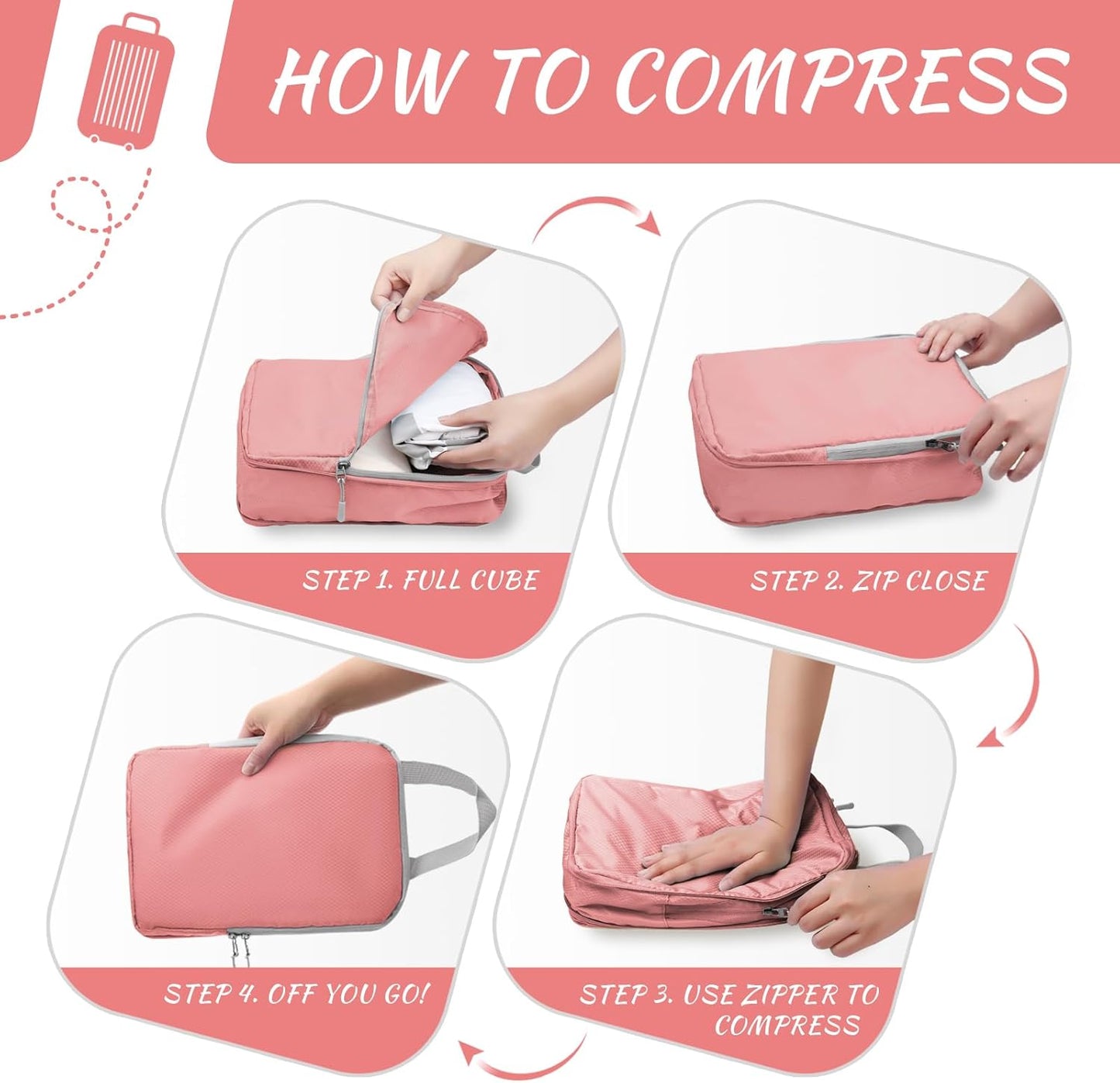 WOOMADA Compression Packing Cubes for Suitcases Travel Essentials 4 Set Expandable Travel Bags Organizer for Luggage(dark grey)