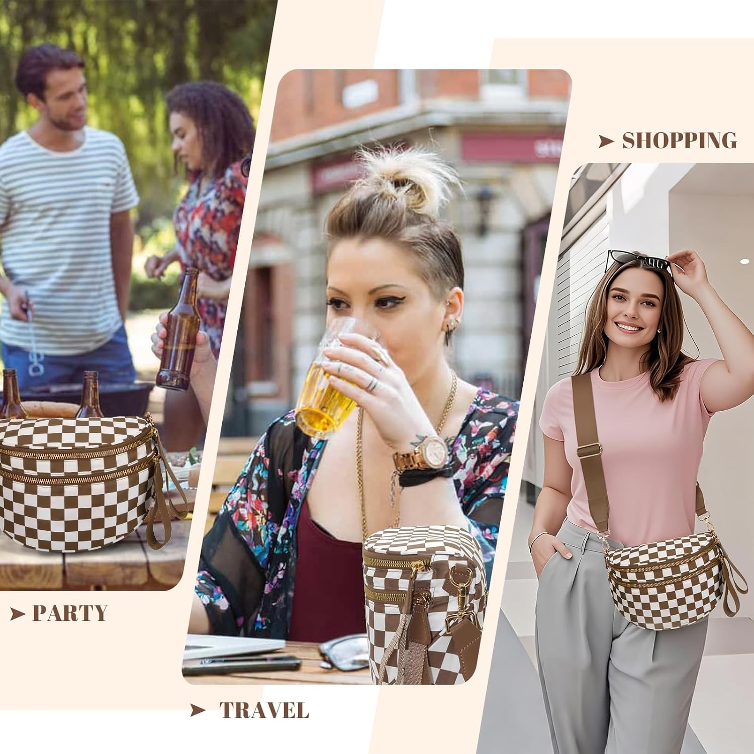 WOOMADA Checkered Crossbody Bag Bum Bag for Women, Fanny Pack Checkered Purse, Belt Bag with Shoulder Strap(Brown Checkerboard)