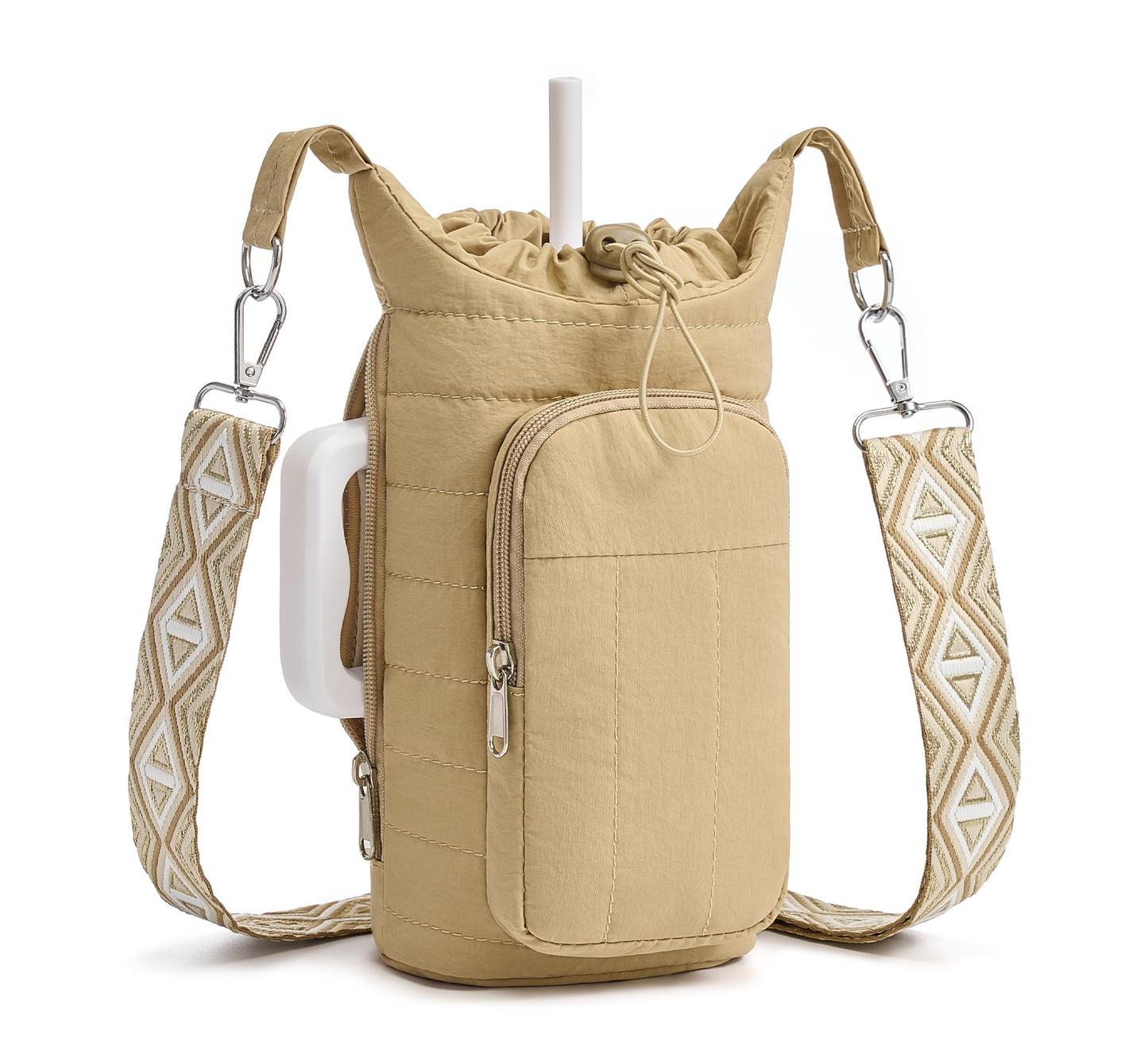 WOOMADA Water Bottle Holder Bag with Strap, 40/32 oz Crossbody Bag Gym Accessories, Sling Purses for Women(Beige)