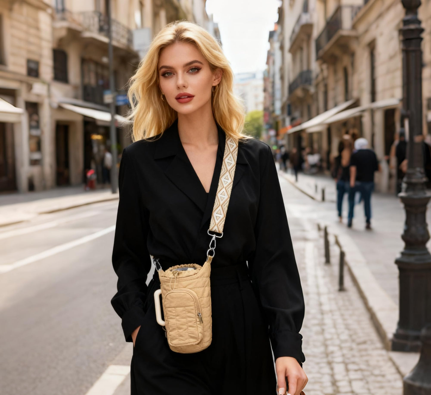 WOOMADA Water Bottle Holder Bag with Strap, 40/32 oz Crossbody Bag Gym Accessories, Sling Purses for Women(Beige)