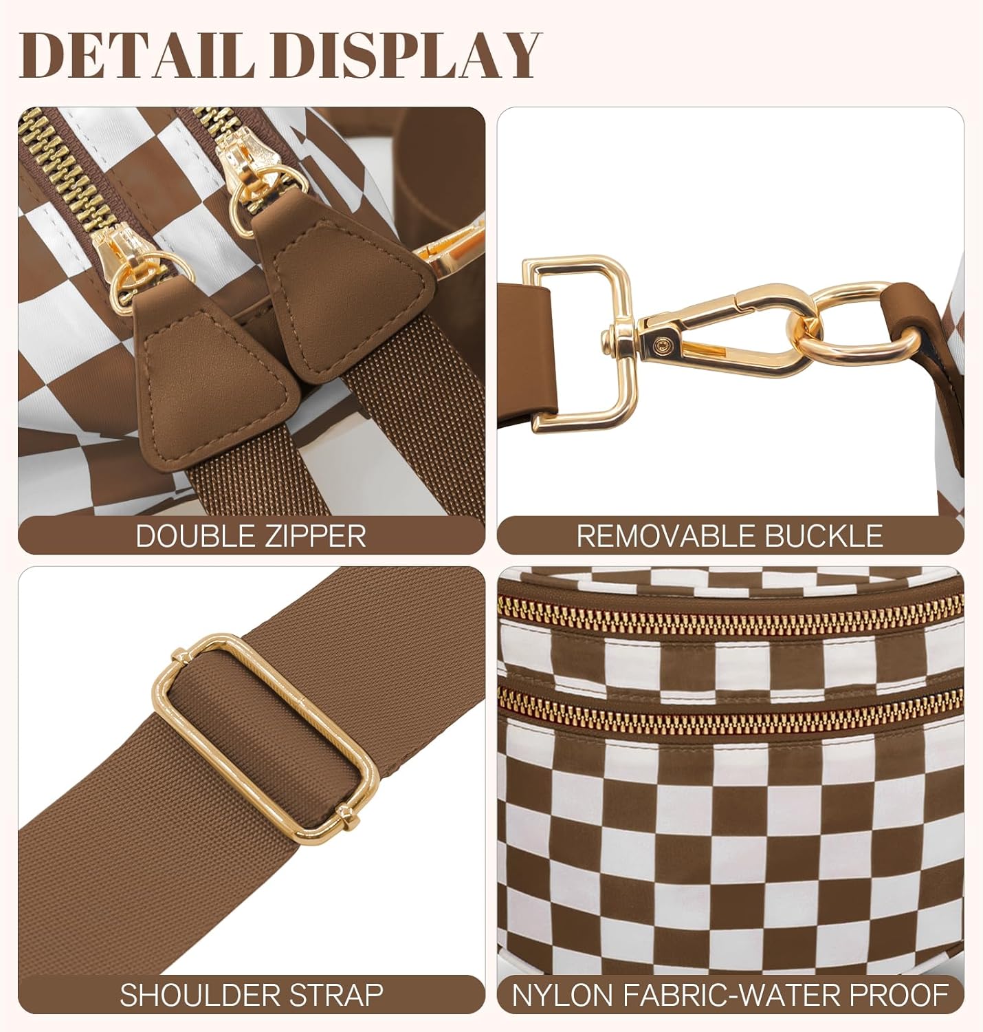 WOOMADA Checkered Crossbody Bag Bum Bag for Women, Fanny Pack Checkered Purse, Belt Bag with Shoulder Strap(Brown Checkerboard)