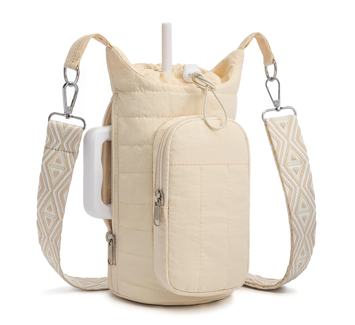 WOOMADA Water Bottle Holder Bag with Strap, 40/32 oz Crossbody Bag Gym Accessories, Sling Purses for Women(Beige)