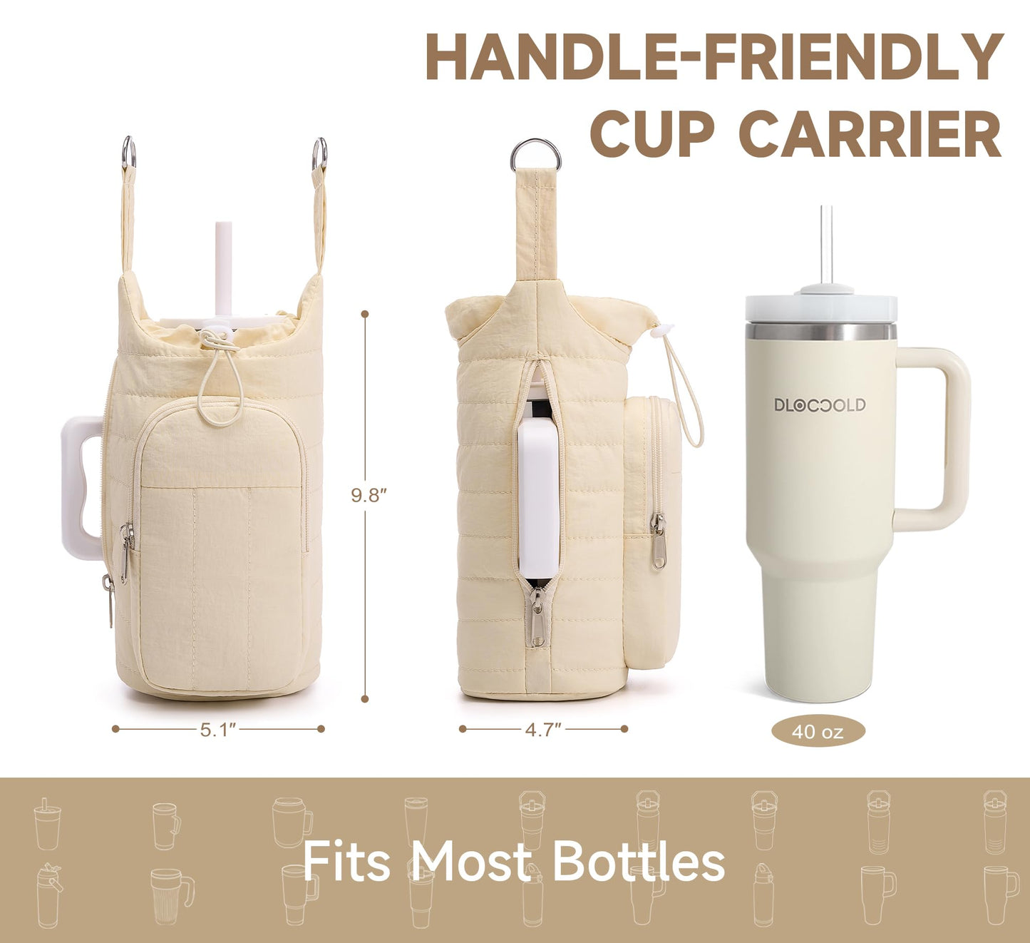 WOOMADA Water Bottle Holder Bag with Strap, 40/32 oz Crossbody Bag Gym Accessories, Sling Purses for Women(Beige)