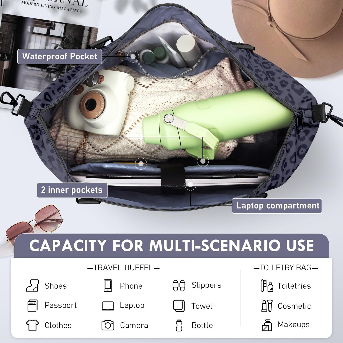 WOOMADA Weekender Overnight Bag for Women, Shoulder Travel Duffel with Shoes Compartment,Gym Bag with Toiletry Bag