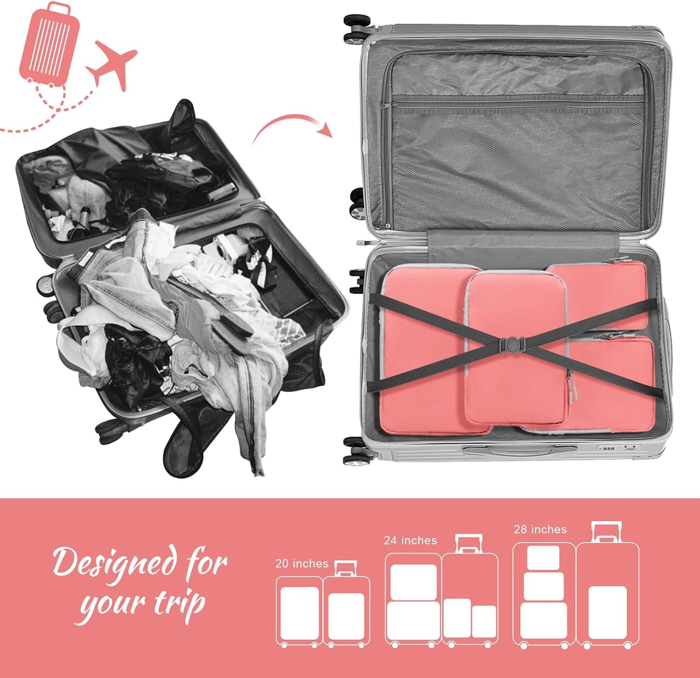 WOOMADA Compression Packing Cubes for Suitcases Travel Essentials 4 Set Expandable Travel Bags Organizer for Luggage(dark grey)