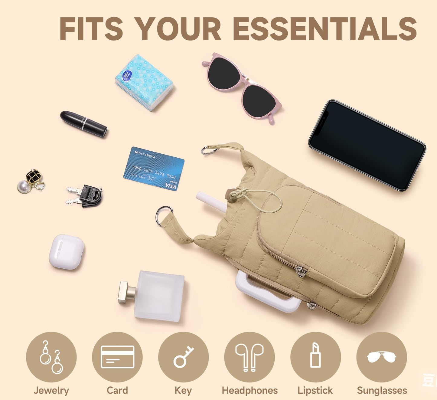 WOOMADA Water Bottle Holder Bag with Strap, 40/32 oz Crossbody Bag Gym Accessories, Sling Purses for Women(Beige)