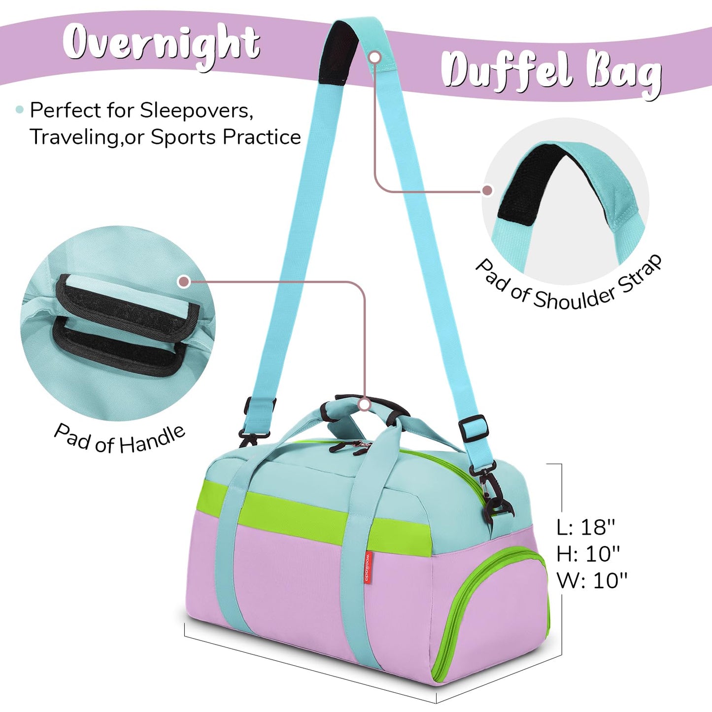 WOOMADA Kids Duffle Bag for Boys or Girls, Kids Overnight Bag with Shoe Compartment＆Wet Pocket, Ideal for School Practice, Sports, Travel(green blue)