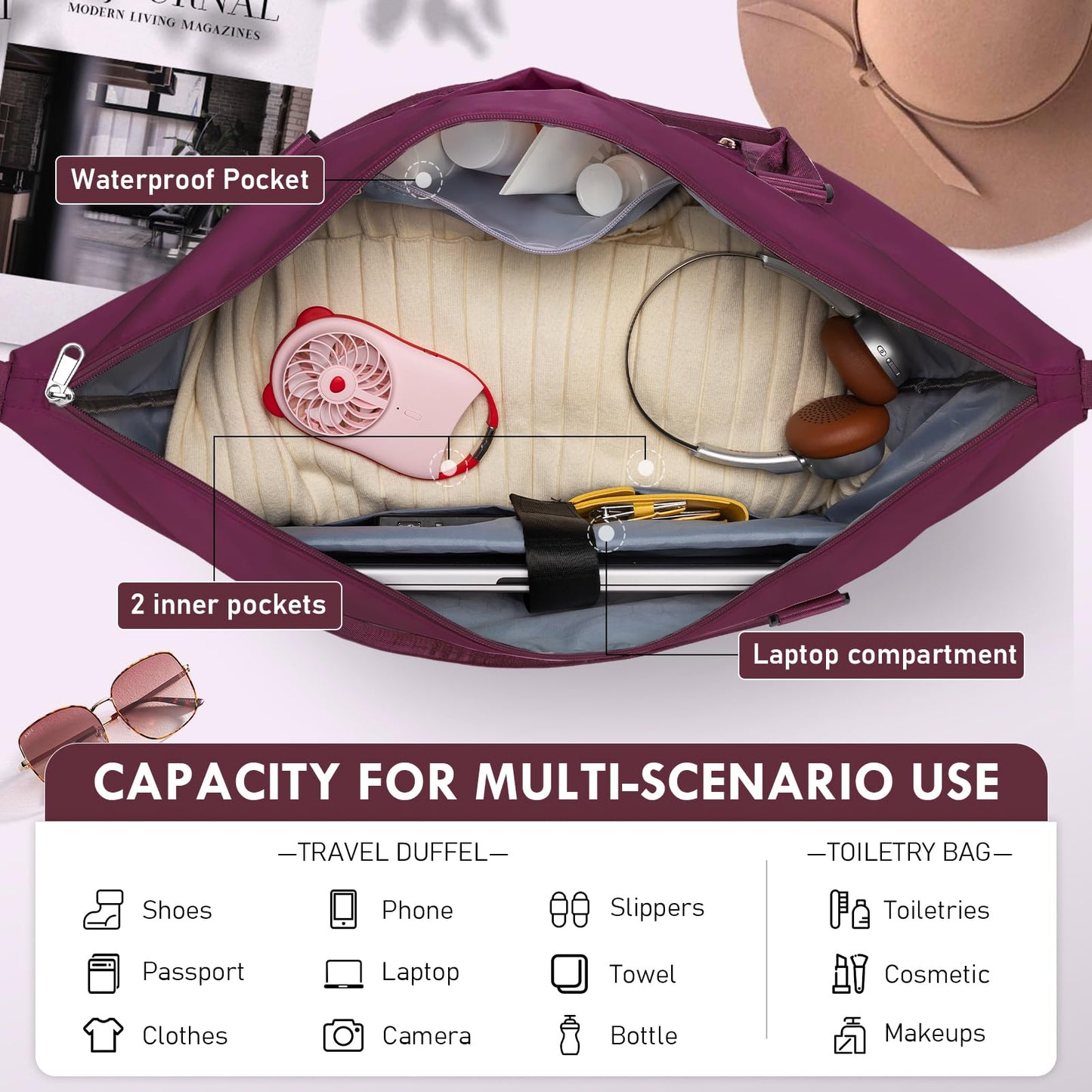 WOOMADA Weekender Overnight Bag for Women, Shoulder Travel Duffel with Shoes Compartment,Gym Bag with Toiletry Bag