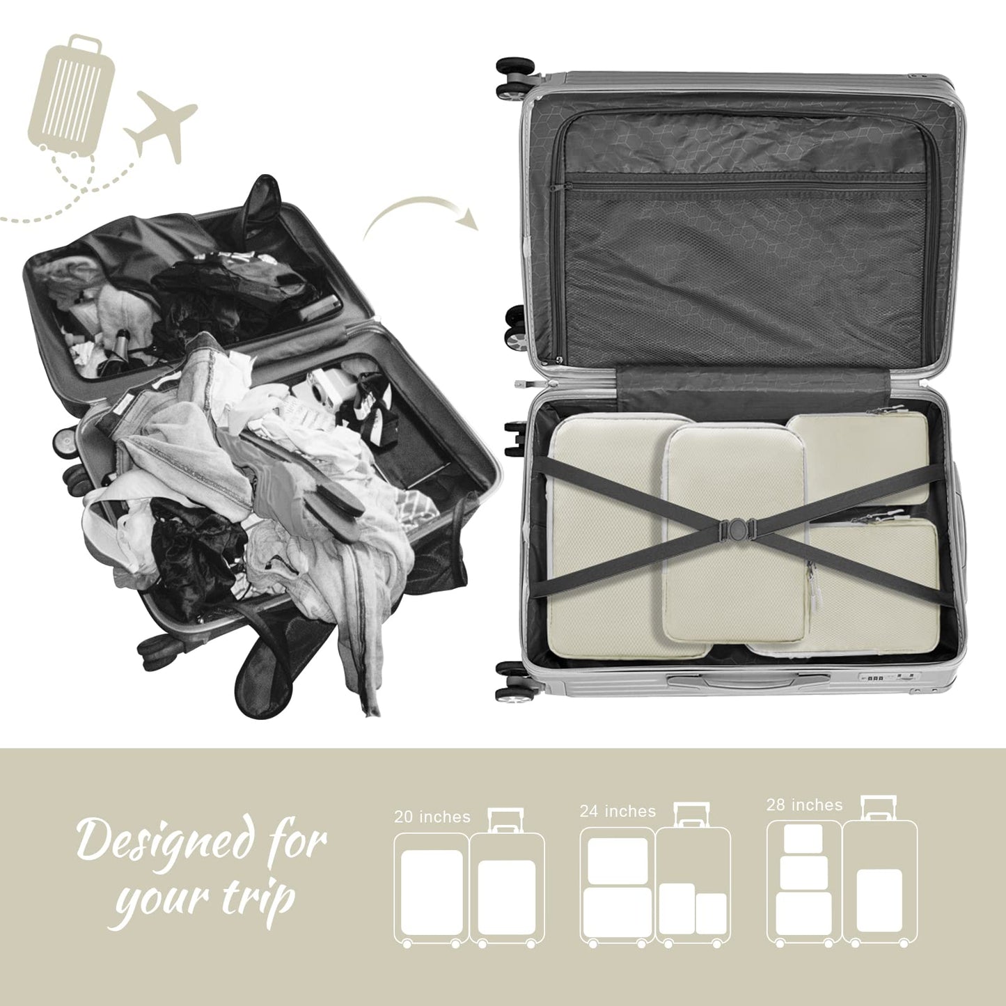 WOOMADA Compression Packing Cubes for Suitcases Travel Essentials 4 Set Expandable Travel Bags Organizer for Luggage(dark grey)