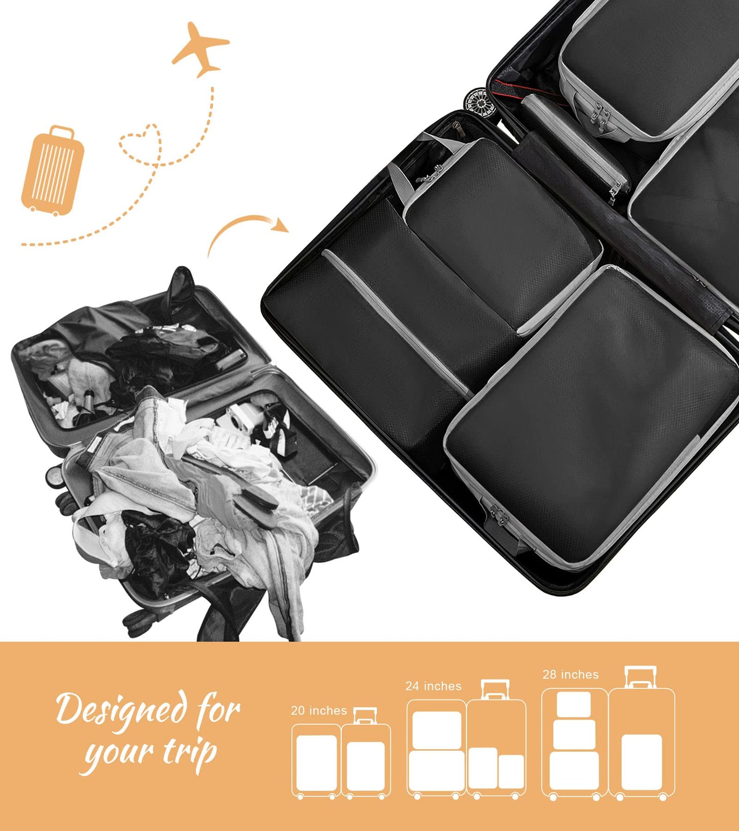 WOOMADA Compression Packing Cubes for Suitcases Travel Essentials 4 Set Expandable Travel Bags Organizer for Luggage(dark grey)