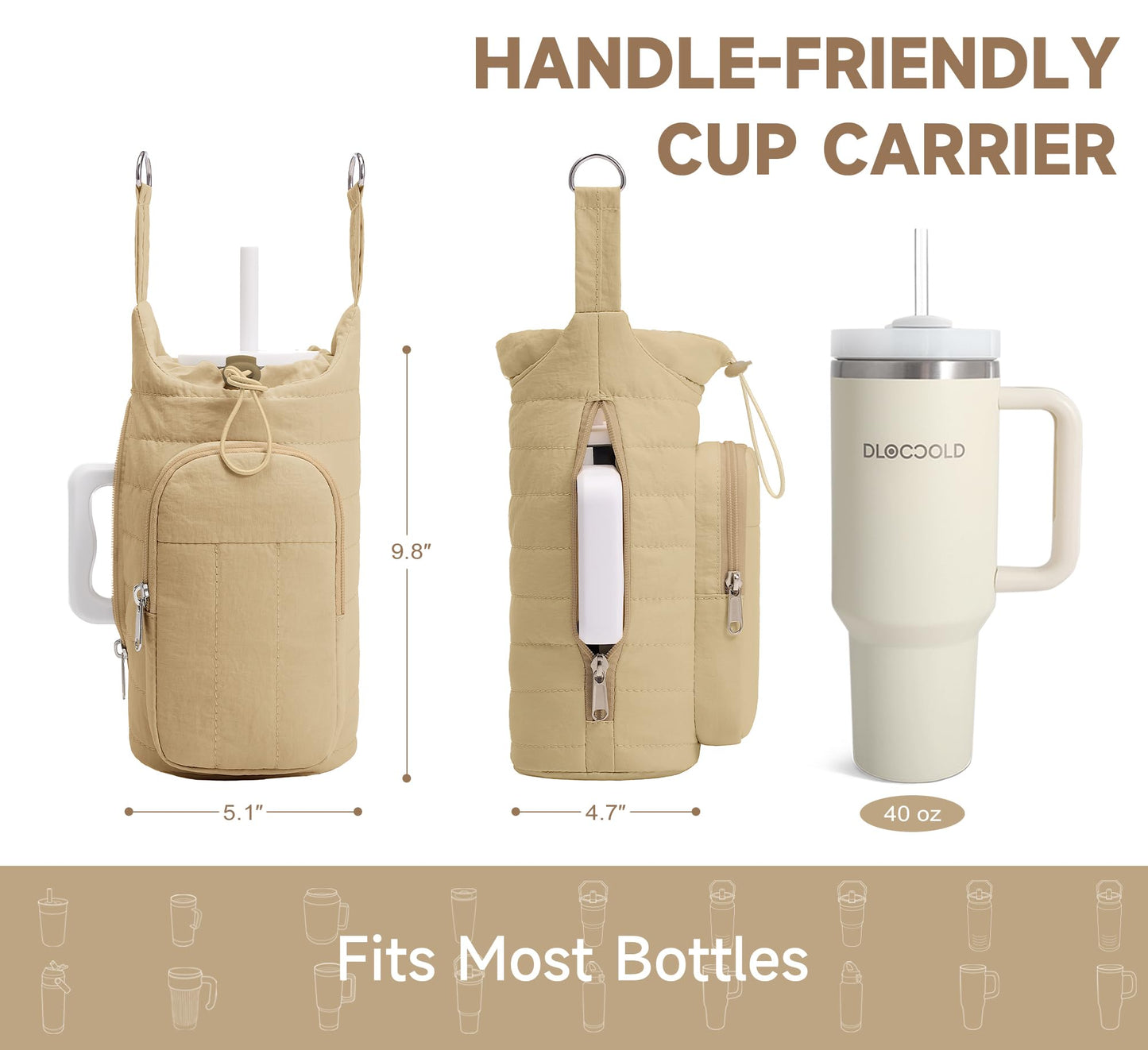 WOOMADA Water Bottle Holder Bag with Strap, 40/32 oz Crossbody Bag Gym Accessories, Sling Purses for Women(Beige)