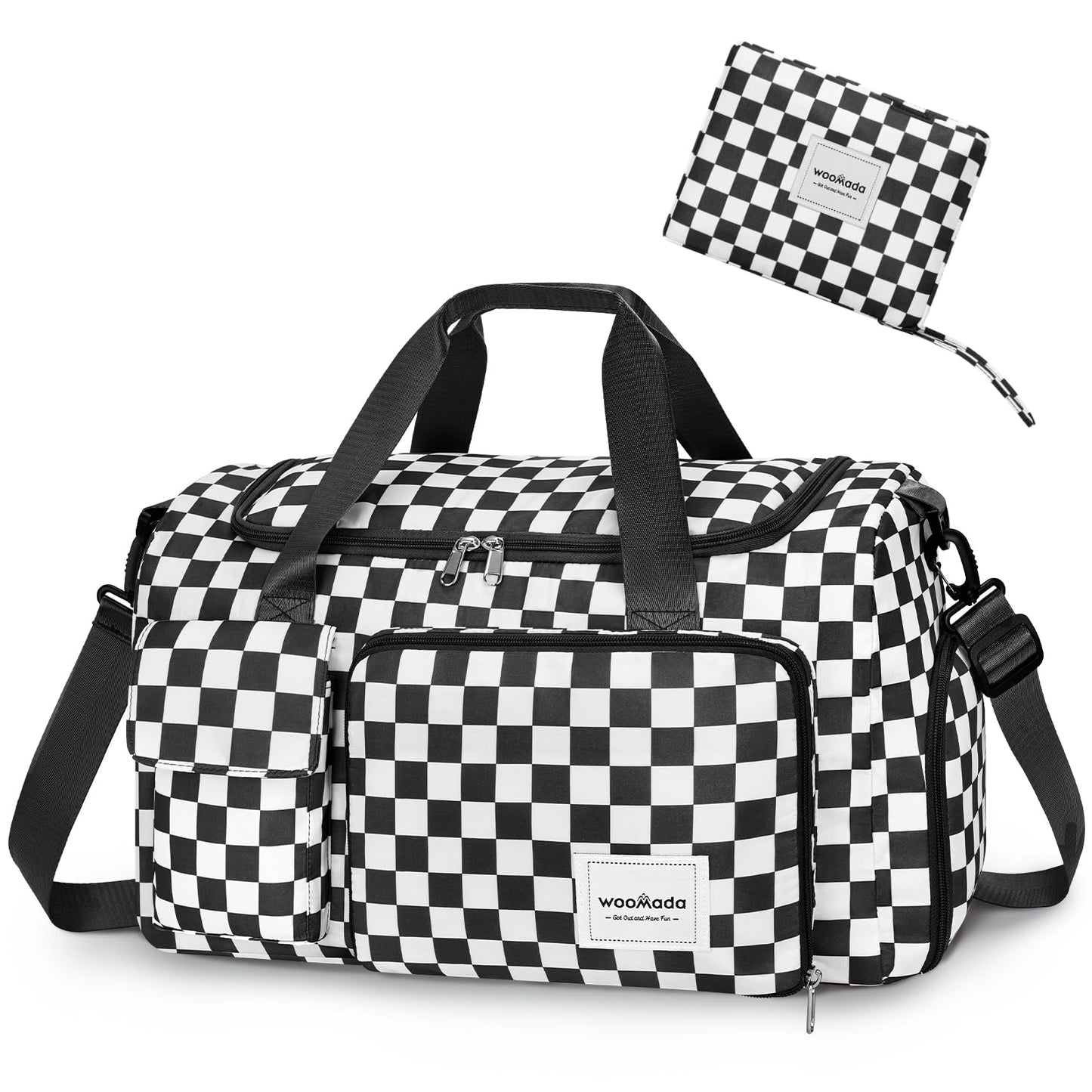 WOOMADA Foldable Travel Duffel Bag with Shoes Compartment, Overnight Bag with Wet Pocket & Trolley Sleeve, Weekender Bags for Women(B-black leopard)