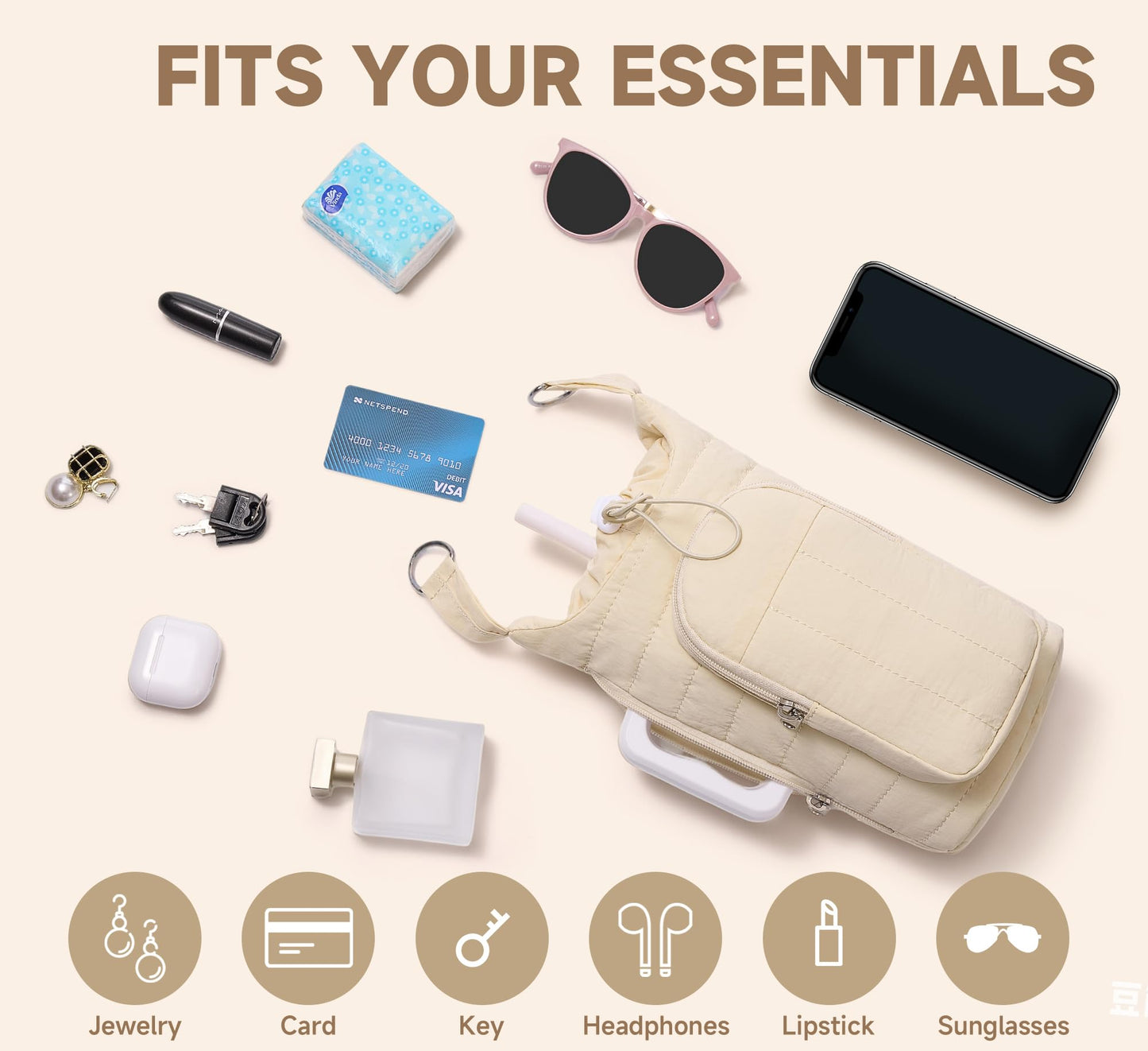 WOOMADA Water Bottle Holder Bag with Strap, 40/32 oz Crossbody Bag Gym Accessories, Sling Purses for Women(Beige)