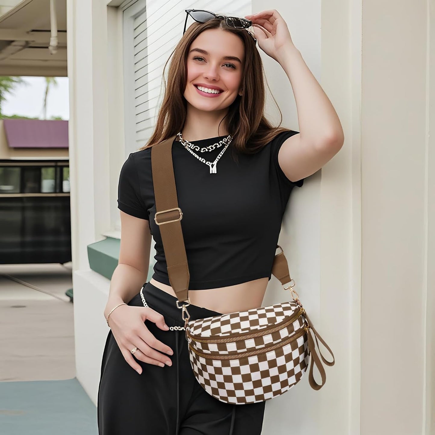 WOOMADA Checkered Crossbody Bag Bum Bag for Women, Fanny Pack Checkered Purse, Belt Bag with Shoulder Strap(Brown Checkerboard)