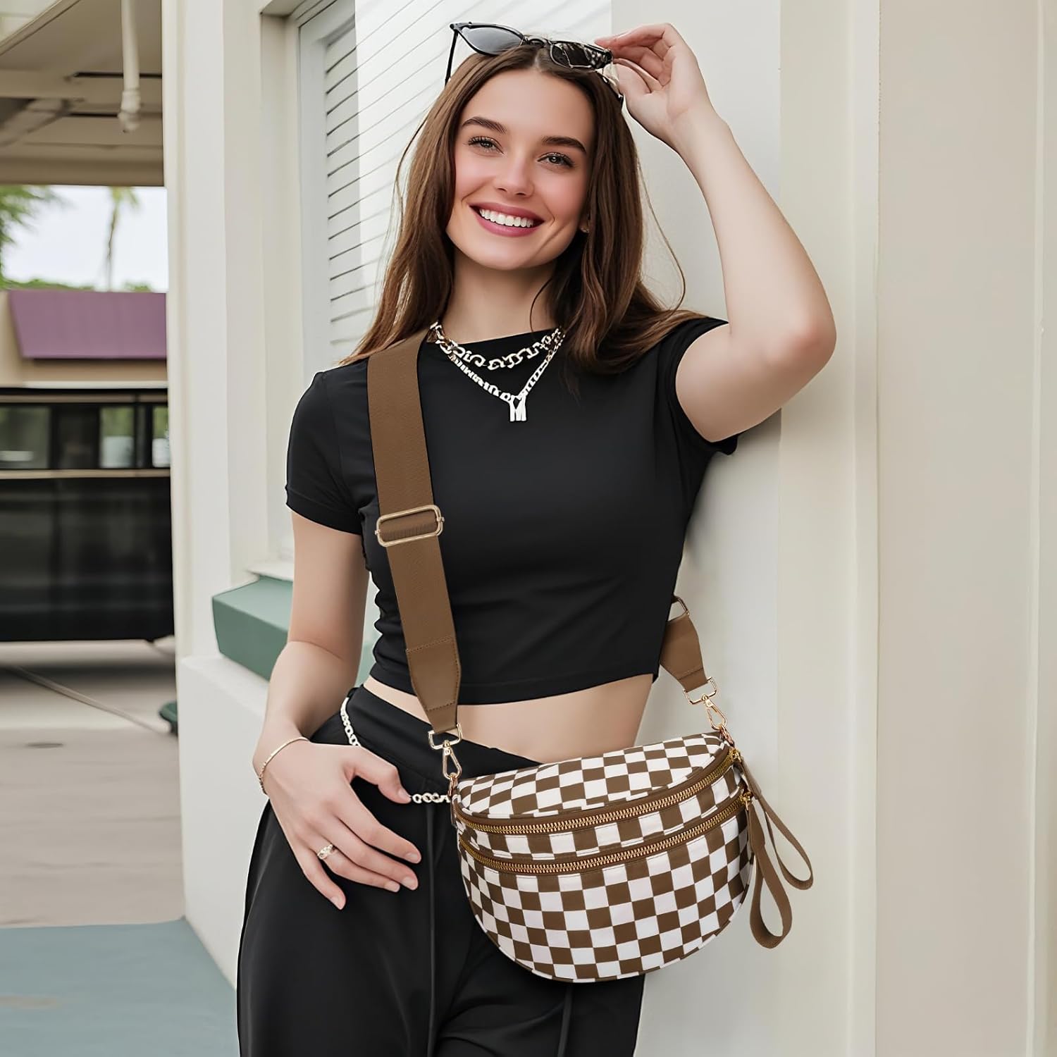 WOOMADA Checkered Crossbody Bag Bum Bag for Women, Fanny Pack Checkered Purse, Belt Bag with Shoulder Strap(Brown Checkerboard)