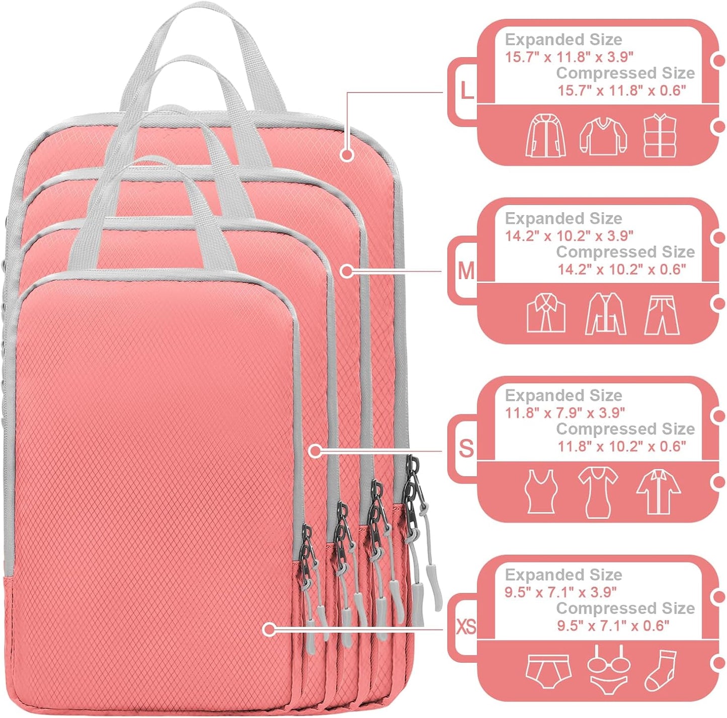 WOOMADA Compression Packing Cubes for Suitcases Travel Essentials 4 Set Expandable Travel Bags Organizer for Luggage(dark grey)