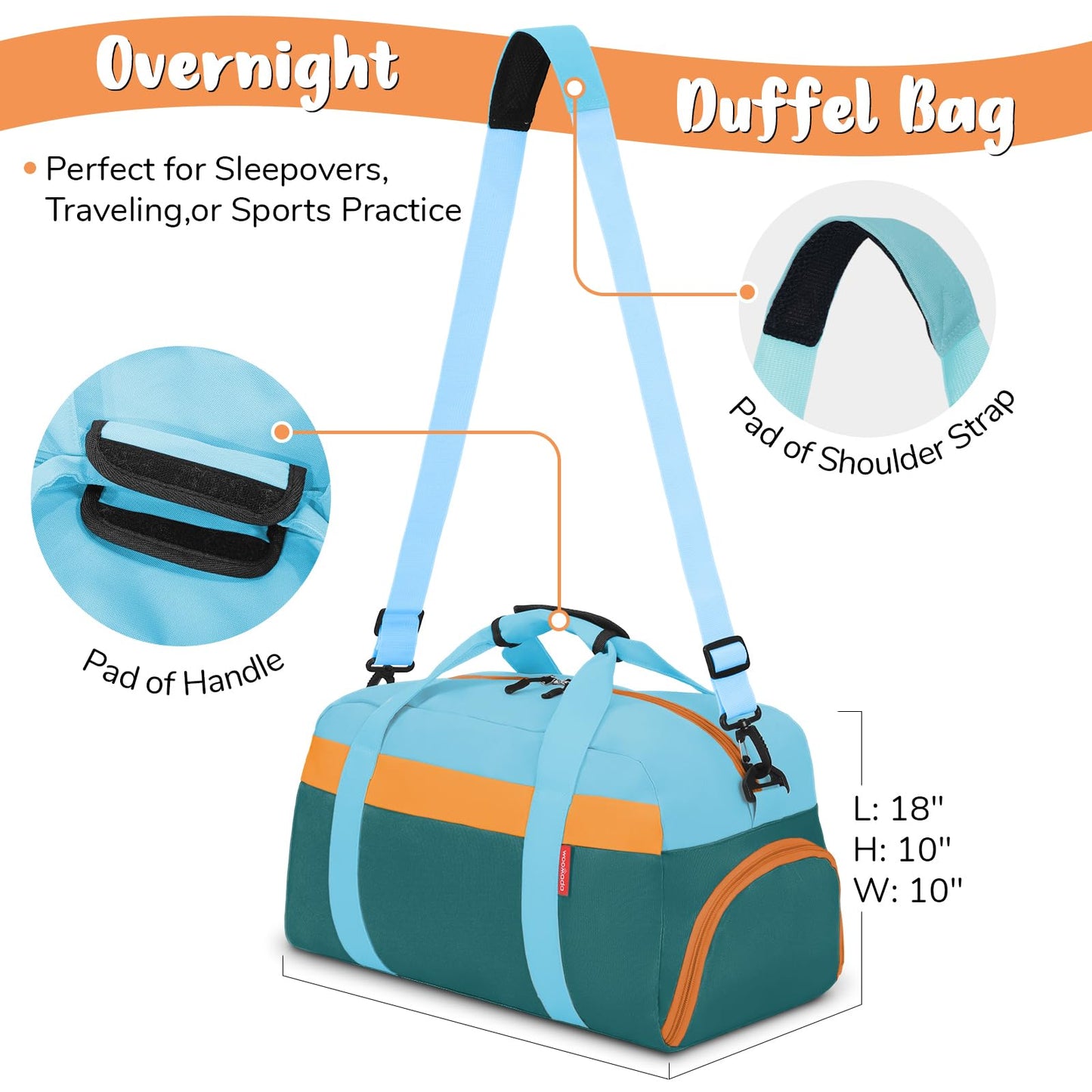 WOOMADA Kids Duffle Bag for Boys or Girls, Kids Overnight Bag with Shoe Compartment＆Wet Pocket, Ideal for School Practice, Sports, Travel(green blue)