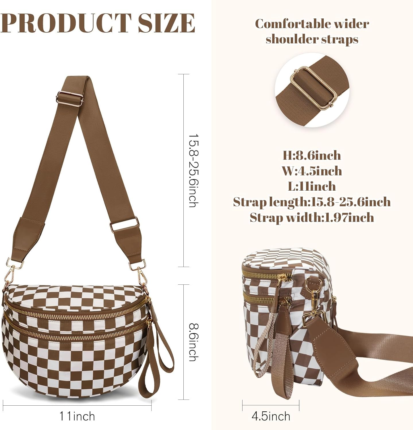 WOOMADA Checkered Crossbody Bag Bum Bag for Women, Fanny Pack Checkered Purse, Belt Bag with Shoulder Strap(Brown Checkerboard)