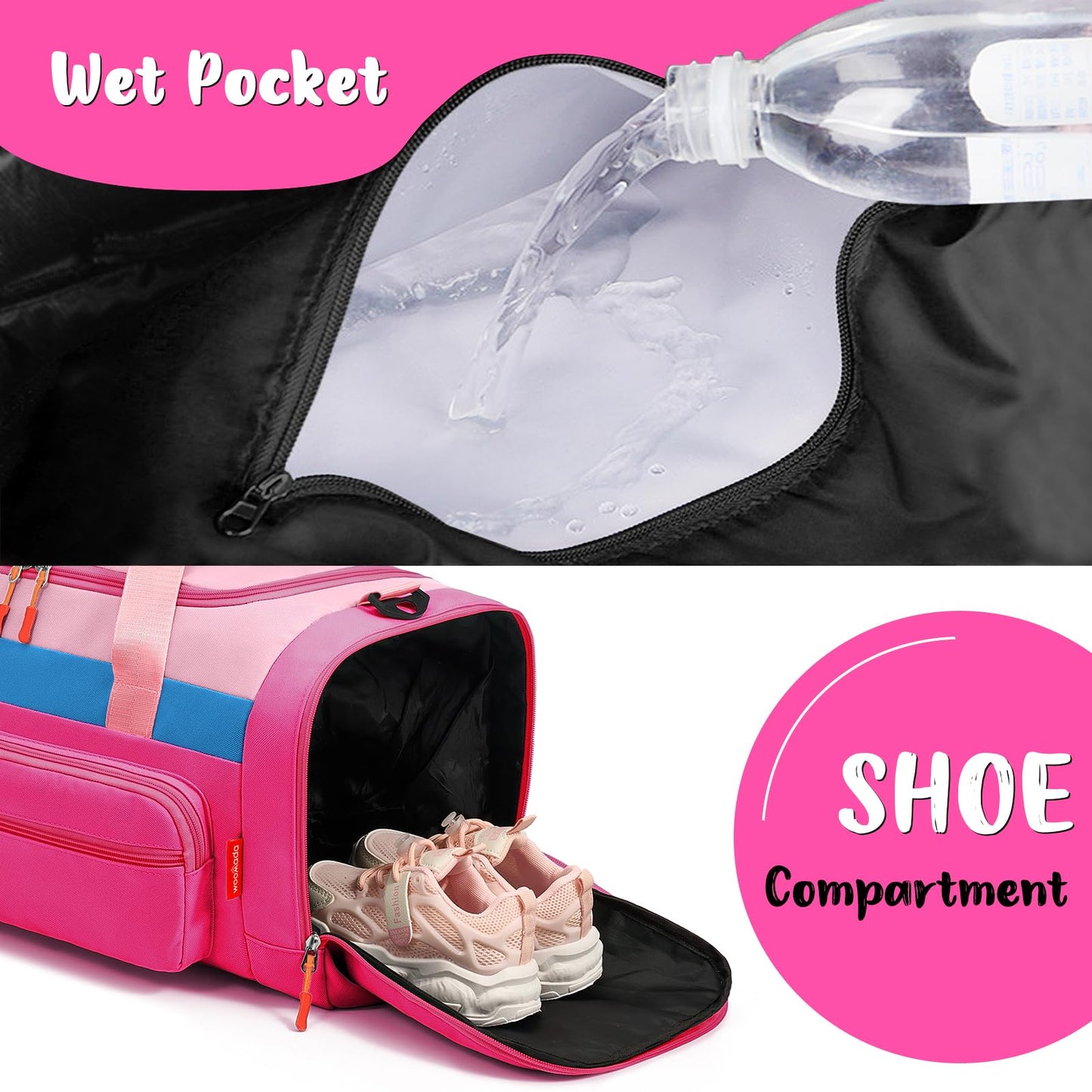 WOOMADA Kids Duffle Bag for Boys or Girls,Weekender Overnight Bag with Shoe Compartment & Wet Pocket Perfect For School, Sports, Overnight Trips(Hot Pink)