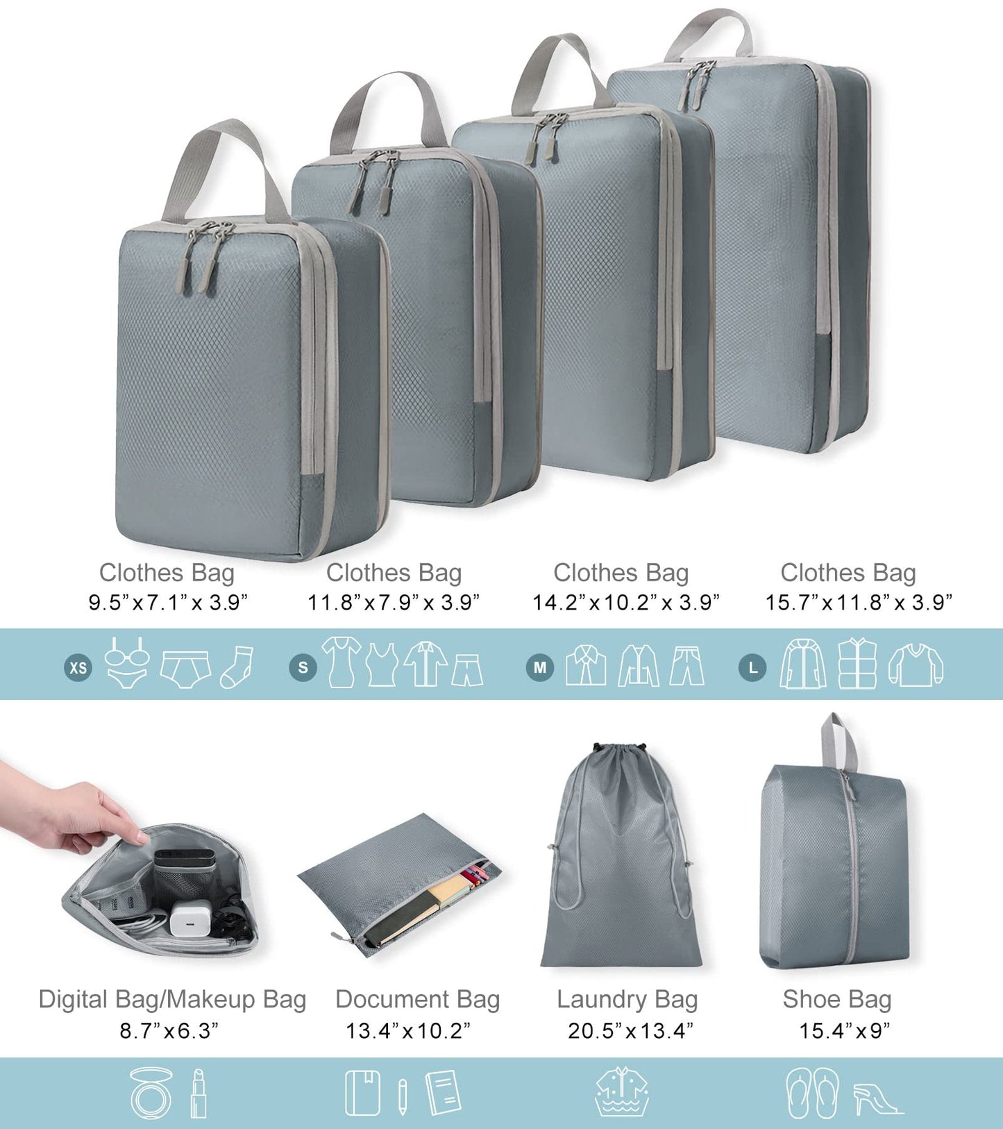 WOOMADA Compression Packing Cubes for Suitcases Travel Essentials 4 Set Expandable Travel Bags Organizer for Luggage(dark grey)