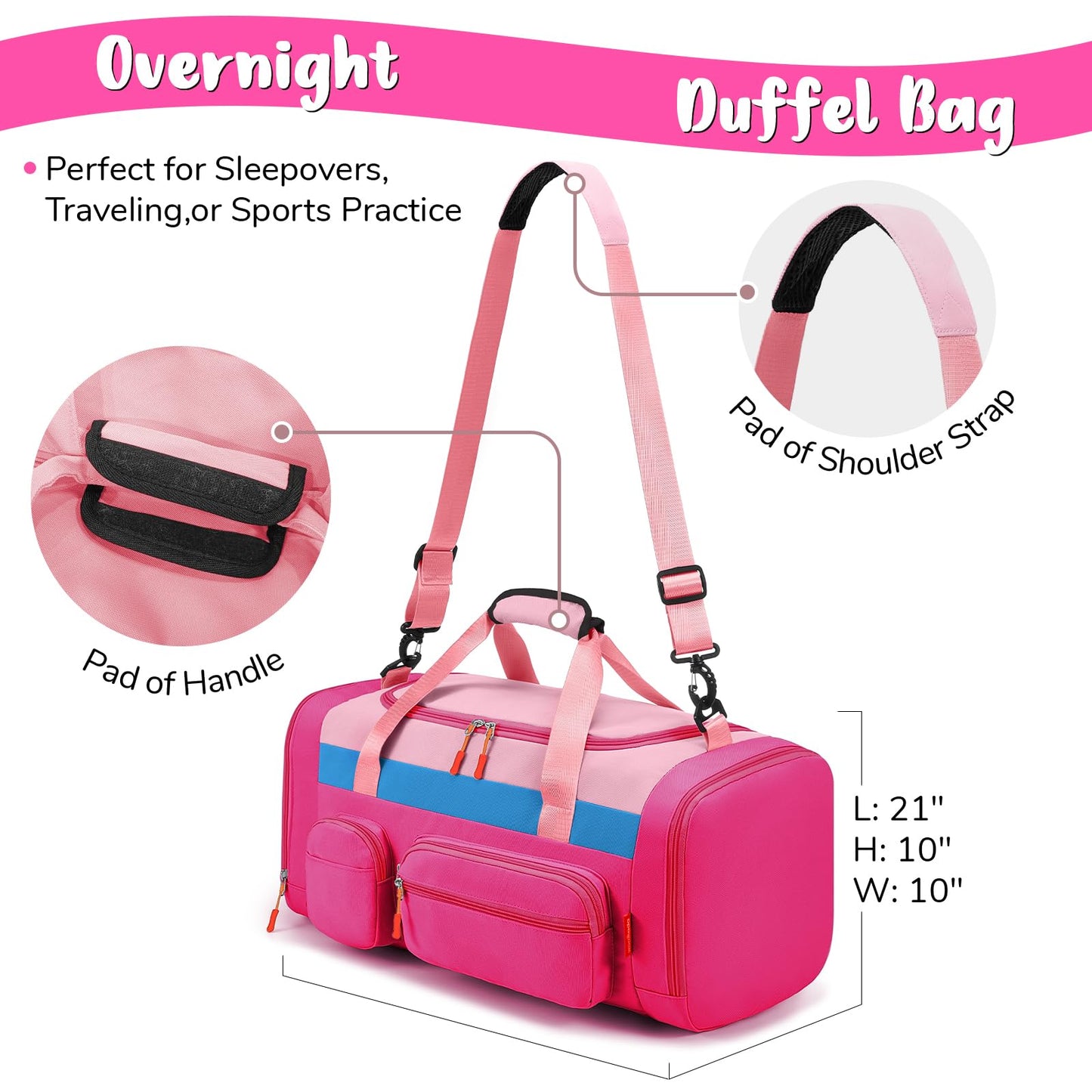 WOOMADA Kids Duffle Bag for Boys or Girls,Weekender Overnight Bag with Shoe Compartment & Wet Pocket Perfect For School, Sports, Overnight Trips(Hot Pink)