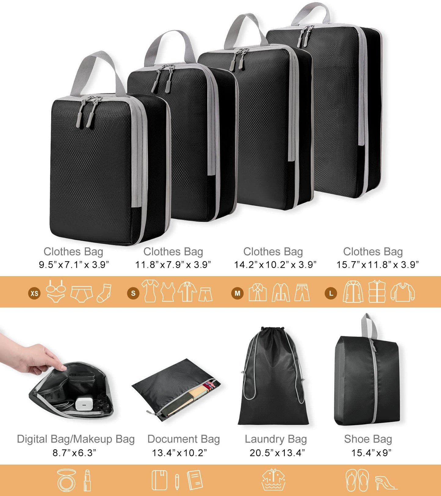 WOOMADA Compression Packing Cubes for Suitcases Travel Essentials 4 Set Expandable Travel Bags Organizer for Luggage(dark grey)