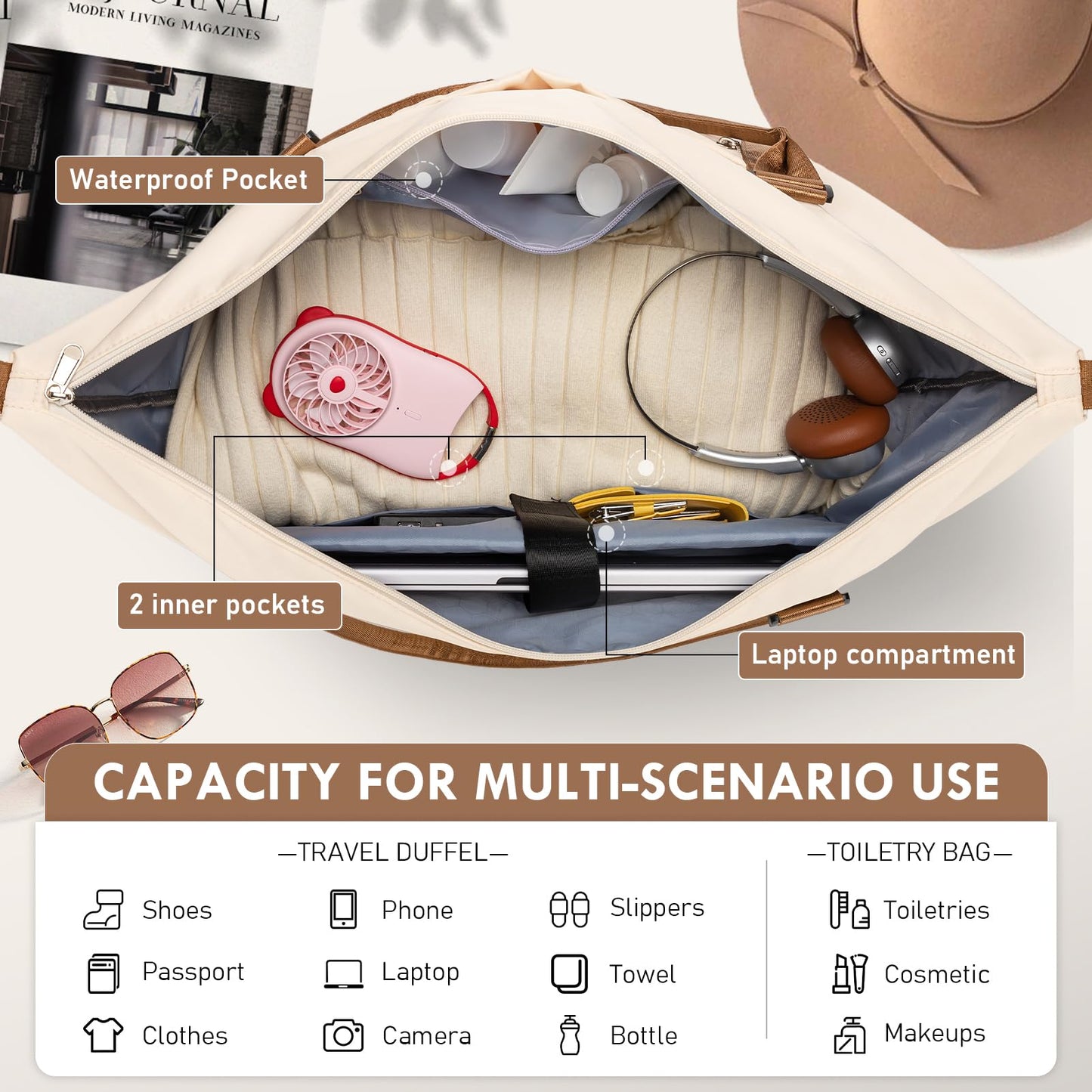 WOOMADA Weekender Overnight Bag for Women, Shoulder Travel Duffel with Shoes Compartment,Gym Bag with Toiletry Bag