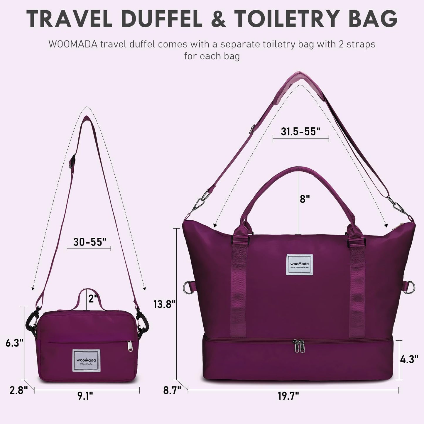 WOOMADA Weekender Overnight Bag for Women, Shoulder Travel Duffel with Shoes Compartment,Gym Bag with Toiletry Bag