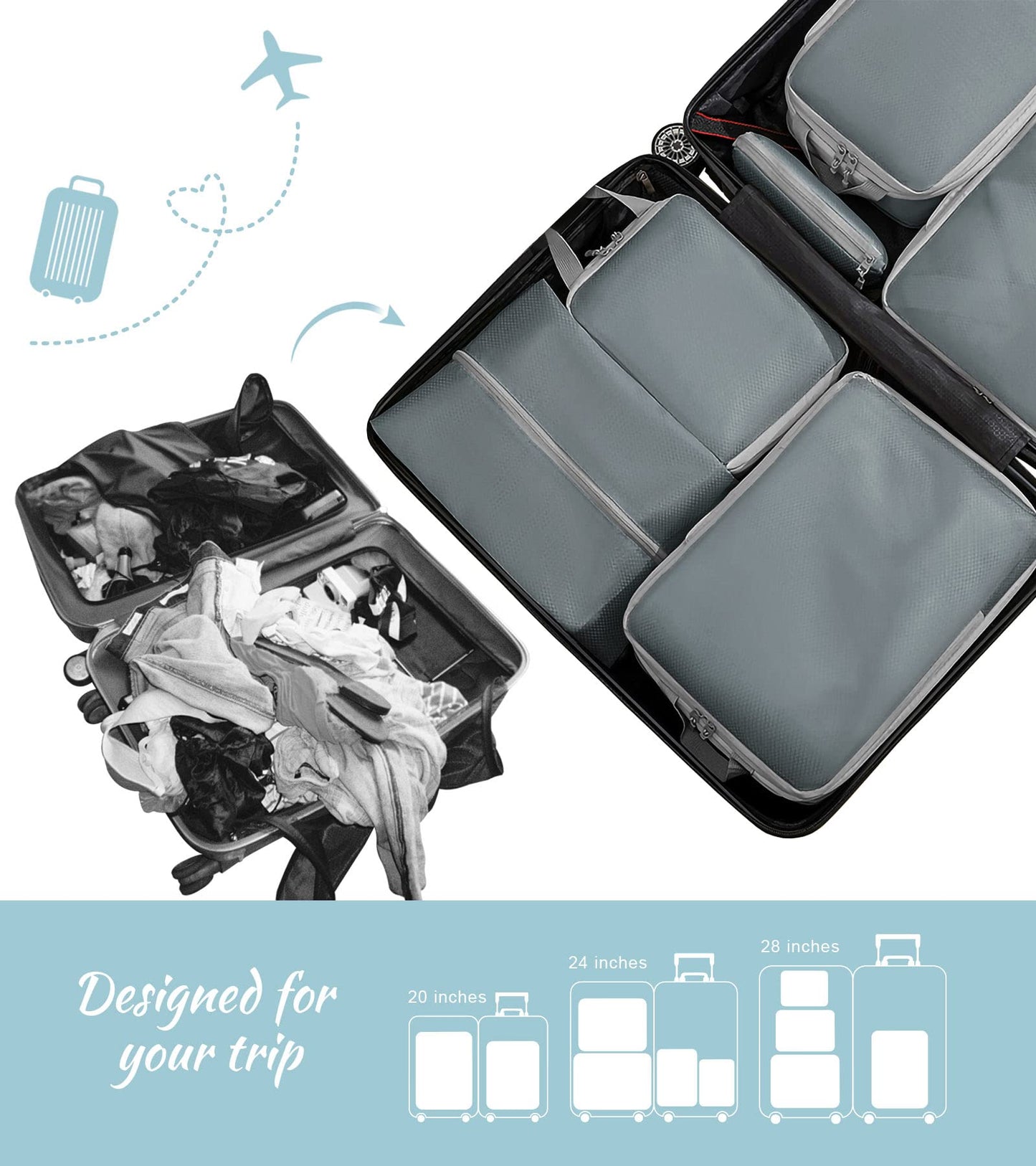 WOOMADA Compression Packing Cubes for Suitcases Travel Essentials 4 Set Expandable Travel Bags Organizer for Luggage(dark grey)