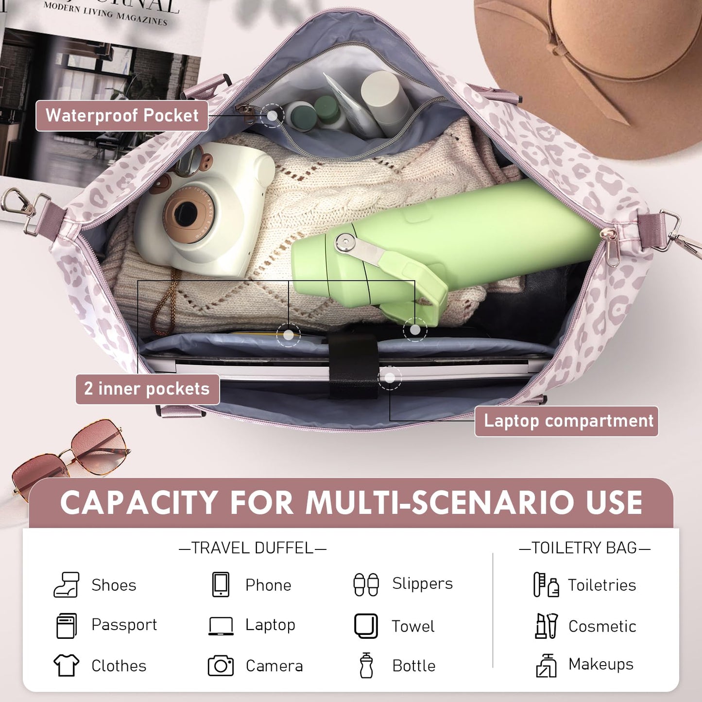 WOOMADA Weekender Overnight Bag for Women, Shoulder Travel Duffel with Shoes Compartment,Gym Bag with Toiletry Bag