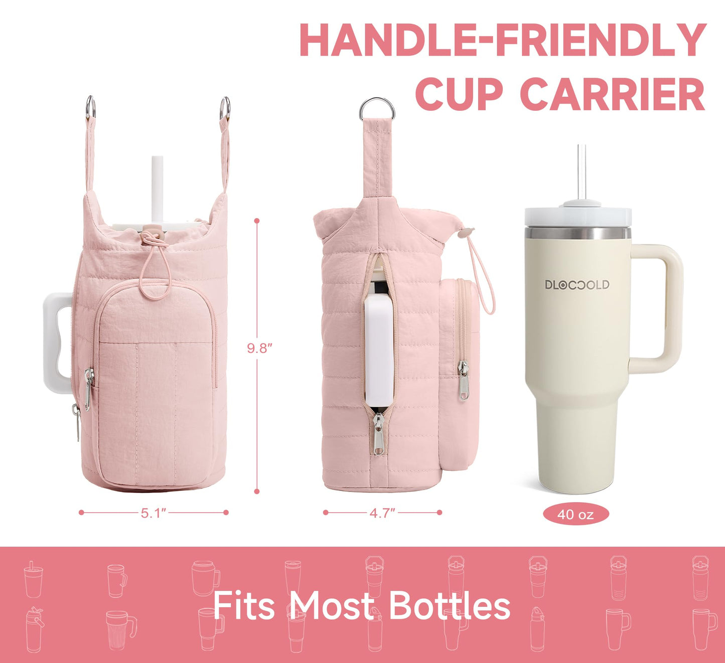 WOOMADA Water Bottle Holder Bag with Strap, 40/32 oz Crossbody Bag Gym Accessories, Sling Purses for Women(Beige)