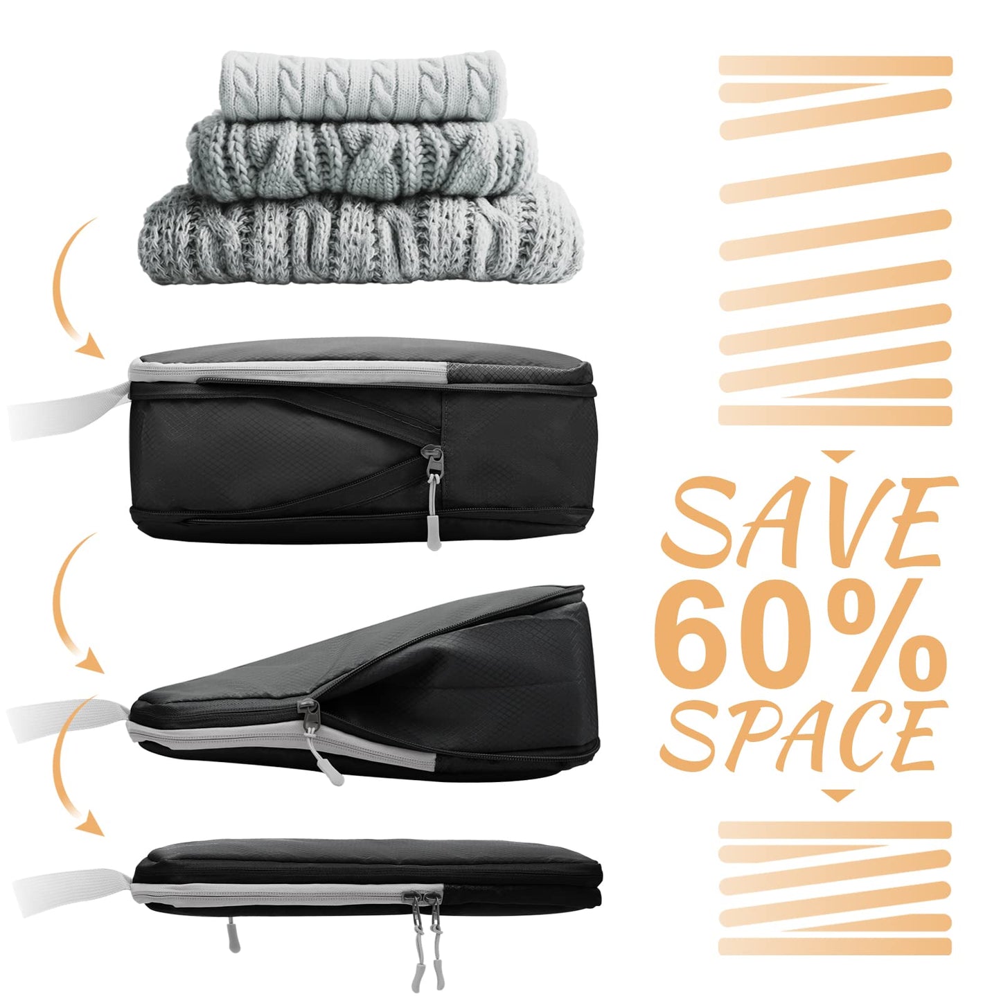 WOOMADA Compression Packing Cubes for Suitcases Travel Essentials 4 Set Expandable Travel Bags Organizer for Luggage(dark grey)