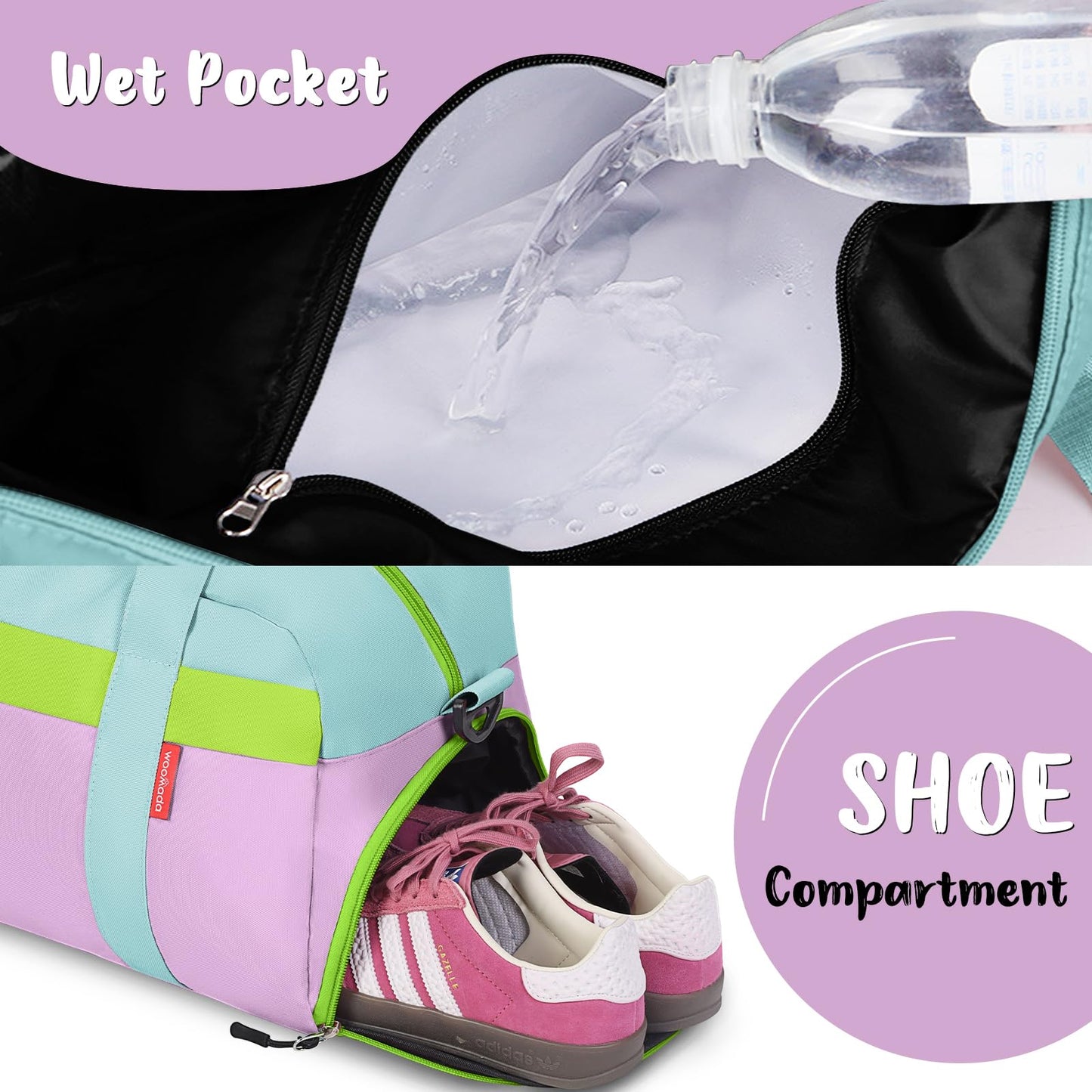 WOOMADA Kids Duffle Bag for Boys or Girls, Kids Overnight Bag with Shoe Compartment＆Wet Pocket, Ideal for School Practice, Sports, Travel(green blue)