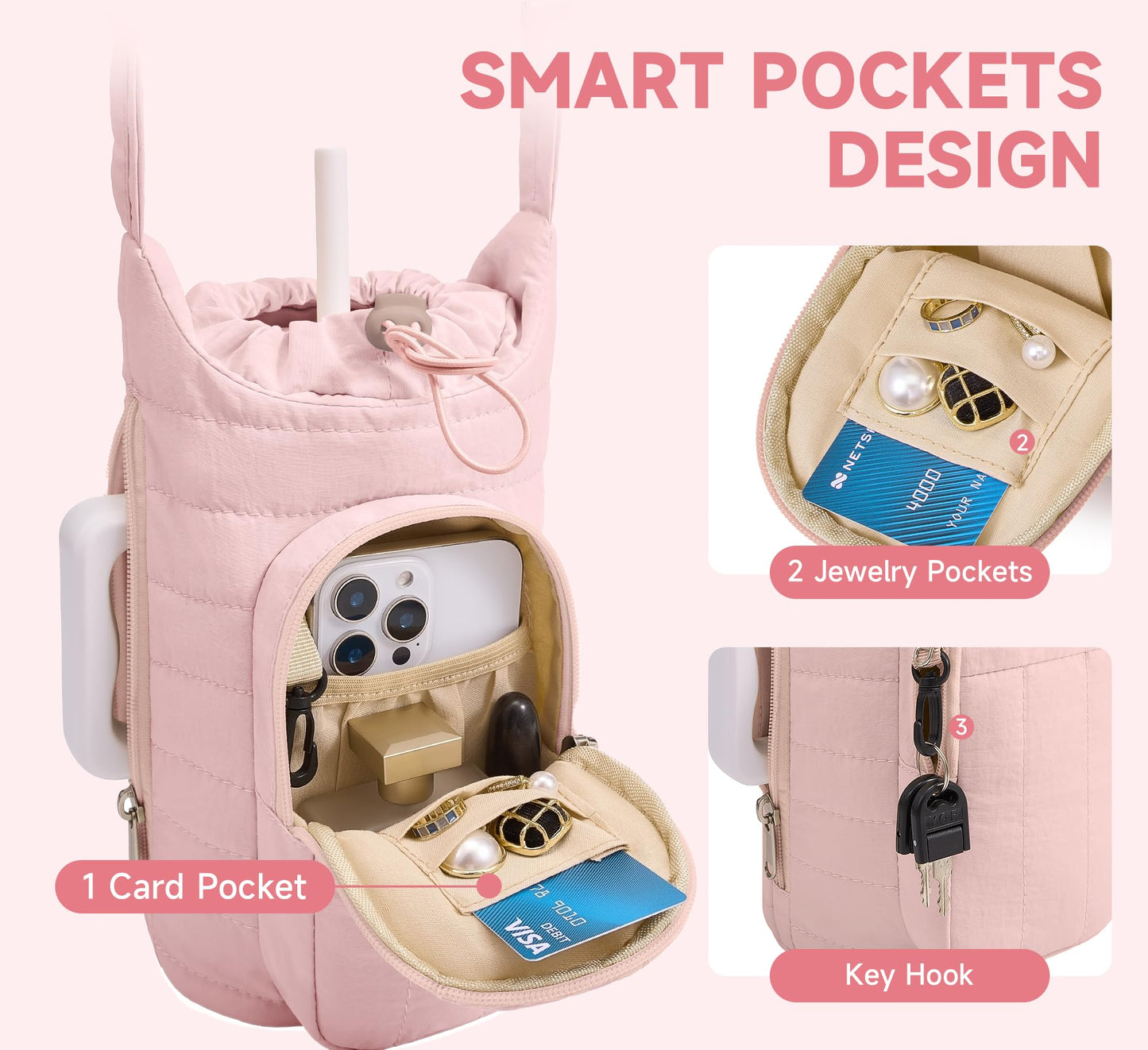 WOOMADA Water Bottle Holder Bag with Strap, 40/32 oz Crossbody Bag Gym Accessories, Sling Purses for Women(Beige)