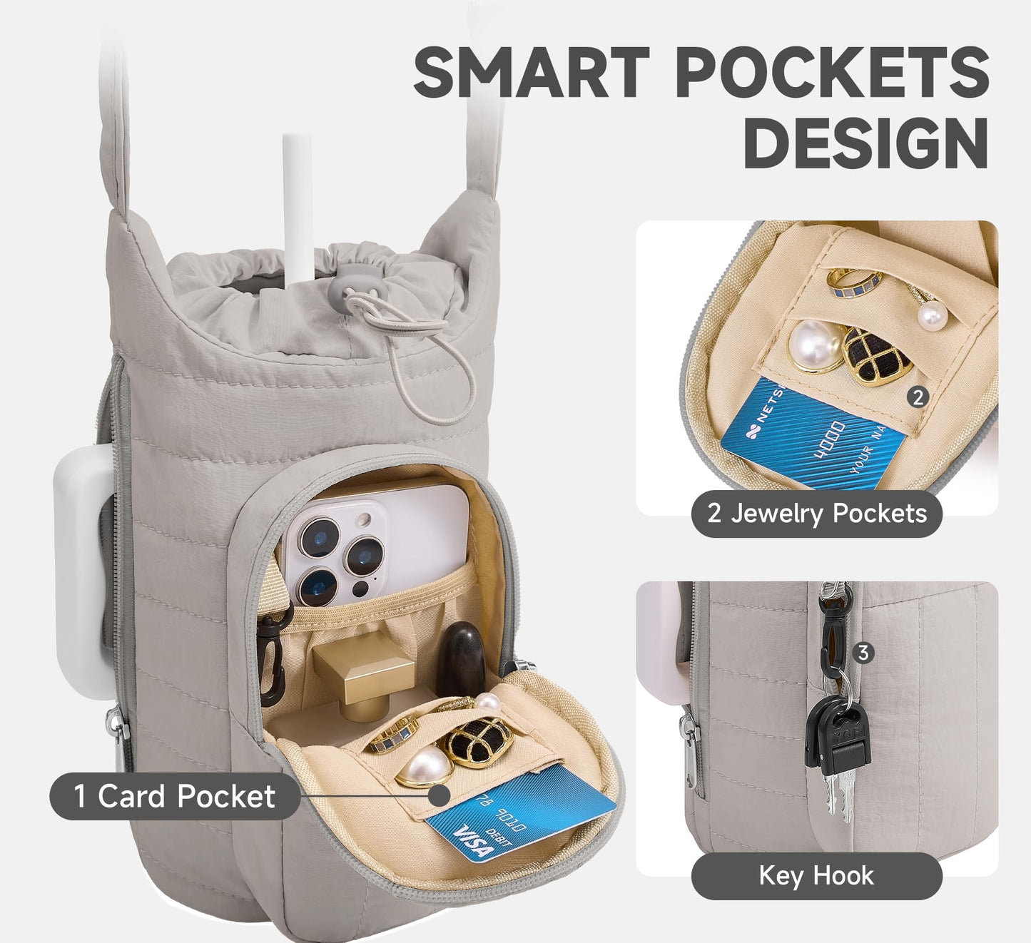 WOOMADA Water Bottle Holder Bag with Strap, 40/32 oz Crossbody Bag Gym Accessories, Sling Purses for Women(Beige)