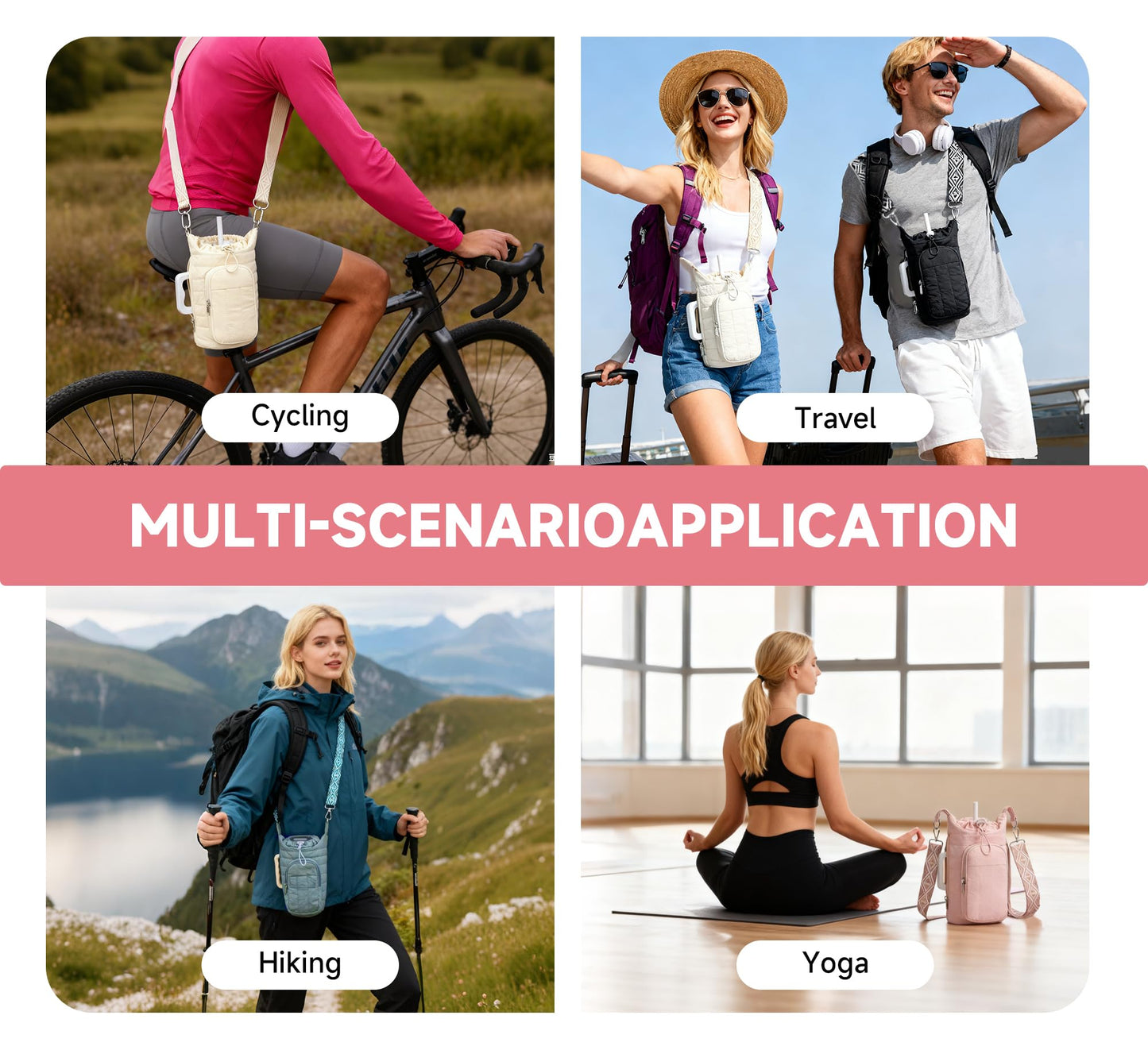 WOOMADA Water Bottle Holder Bag with Strap, 40/32 oz Crossbody Bag Gym Accessories, Sling Purses for Women(Beige)