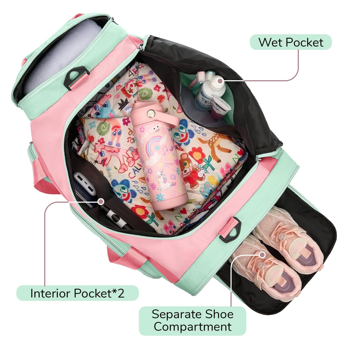 WOOMADA Kids Duffle Bag for Boys or Girls,Weekender Overnight Bag with Shoe Compartment & Wet Pocket Perfect For School, Sports, Overnight Trips(Hot Pink)