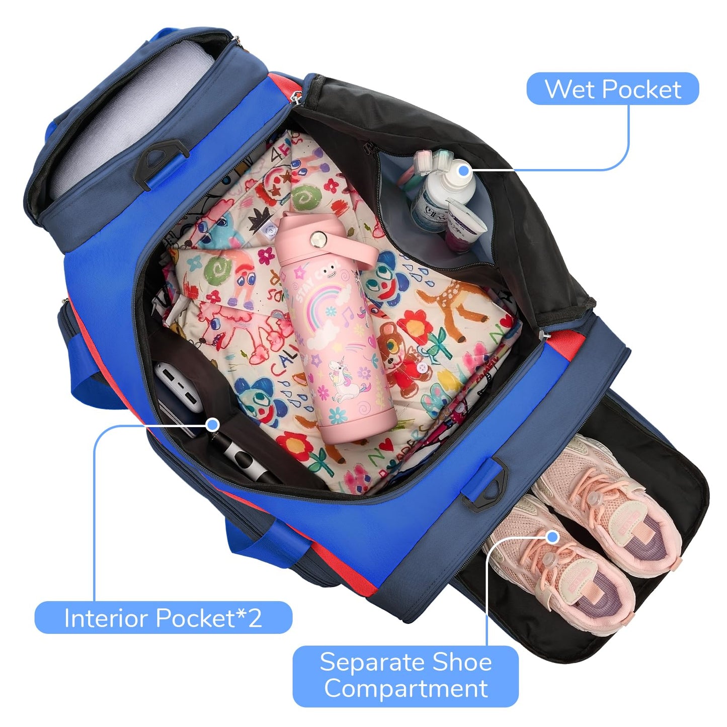 WOOMADA Kids Duffle Bag for Boys or Girls,Weekender Overnight Bag with Shoe Compartment & Wet Pocket Perfect For School, Sports, Overnight Trips(Hot Pink)