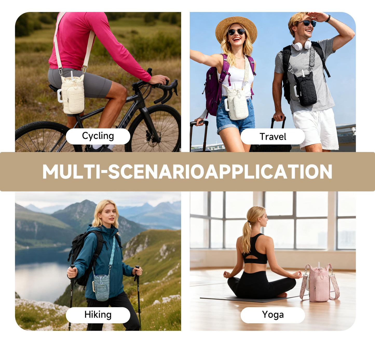 WOOMADA Water Bottle Holder Bag with Strap, 40/32 oz Crossbody Bag Gym Accessories, Sling Purses for Women(Beige)