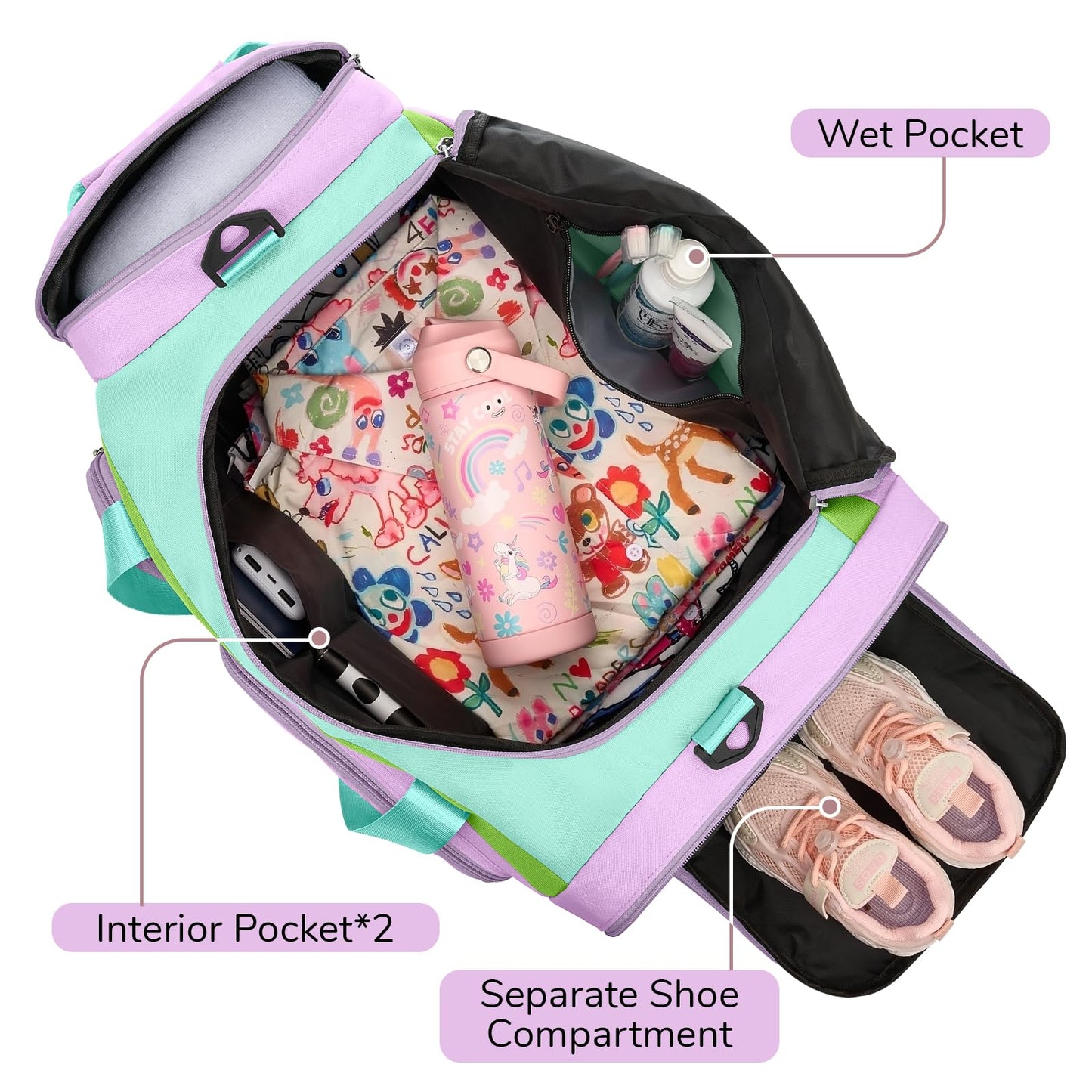 WOOMADA Kids Duffle Bag for Boys or Girls,Weekender Overnight Bag with Shoe Compartment & Wet Pocket Perfect For School, Sports, Overnight Trips(Hot Pink)