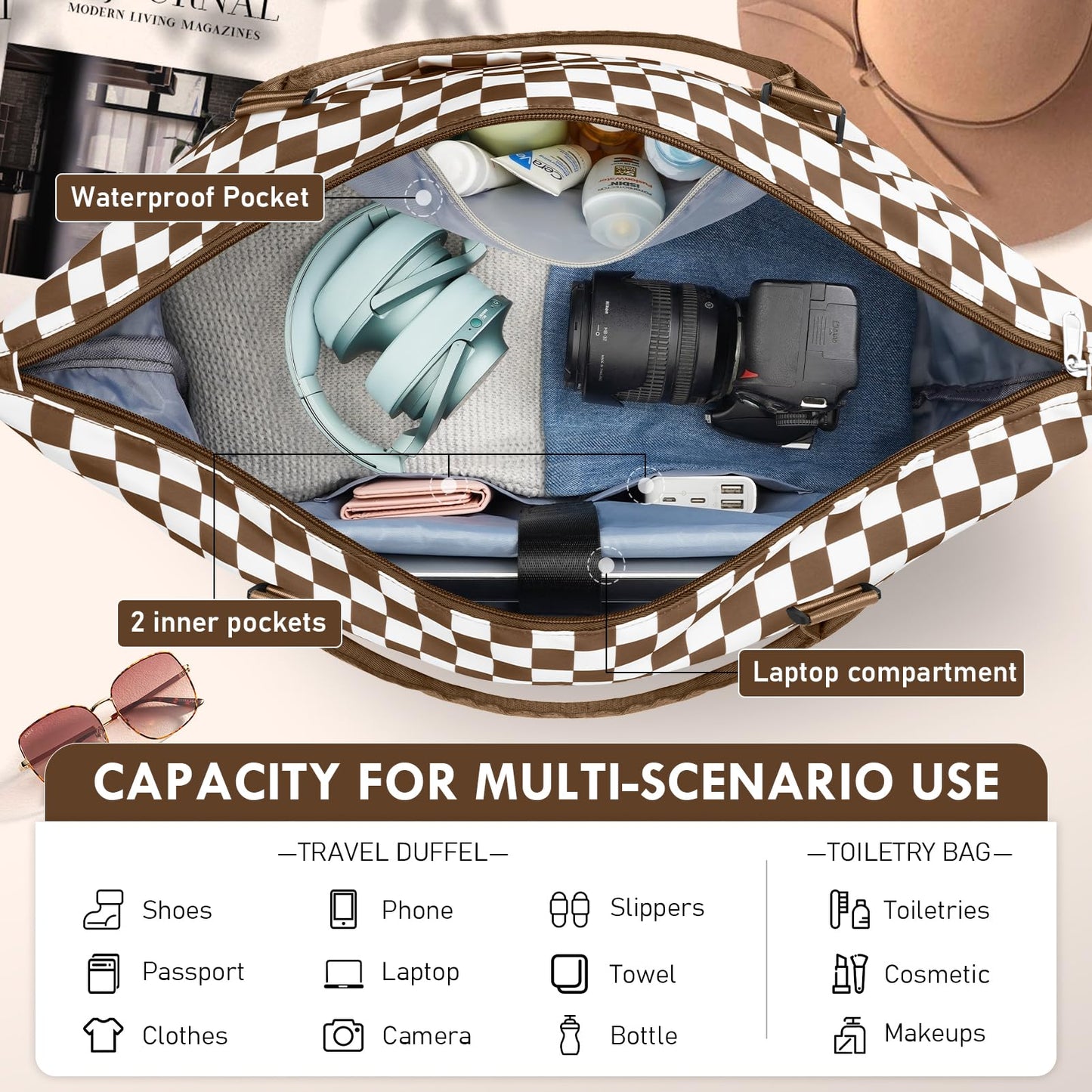 WOOMADA Weekender Overnight Bag for Women, Shoulder Travel Duffel with Shoes Compartment,Gym Bag with Toiletry Bag