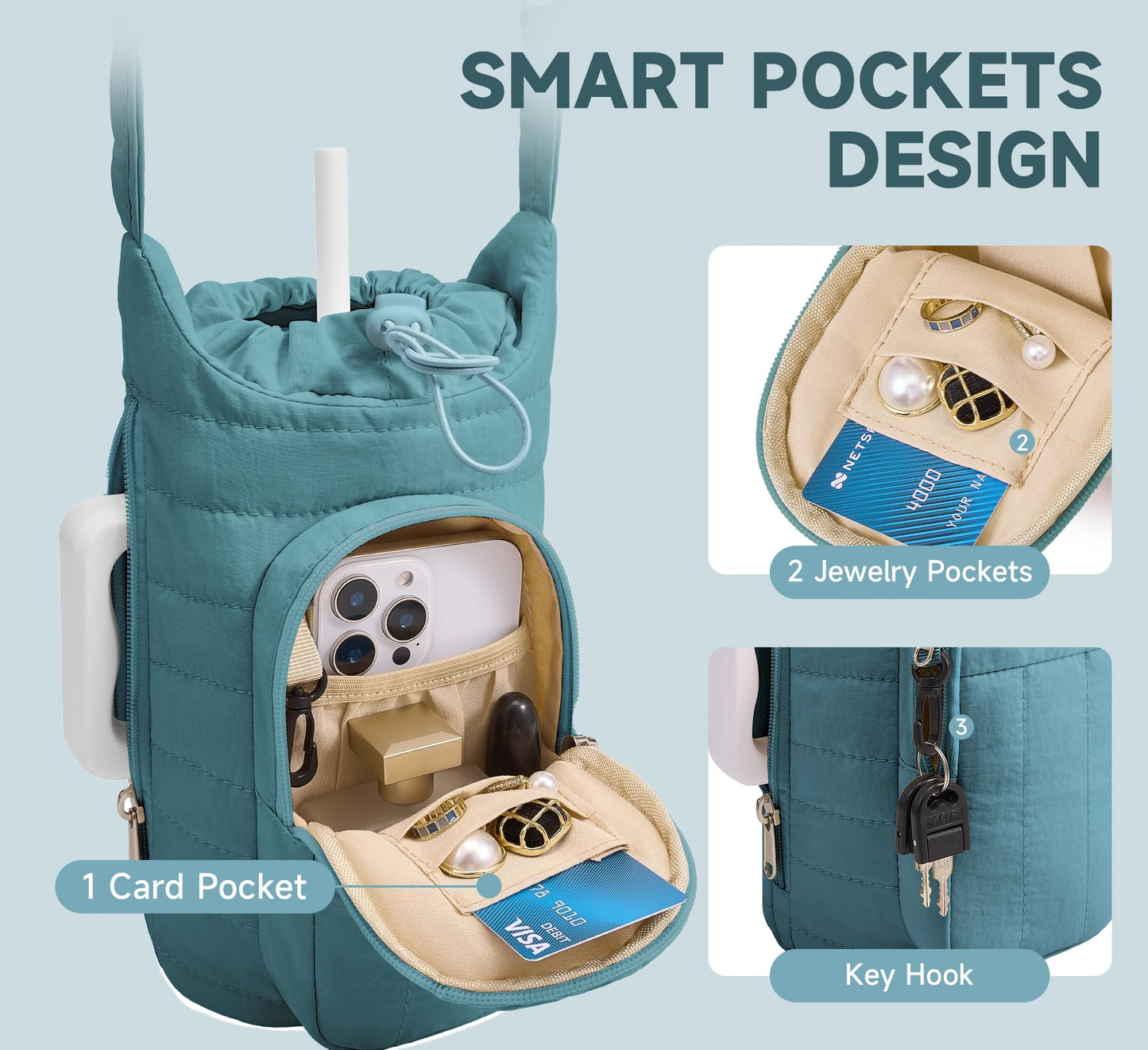 WOOMADA Water Bottle Holder Bag with Strap, 40/32 oz Crossbody Bag Gym Accessories, Sling Purses for Women(Beige)