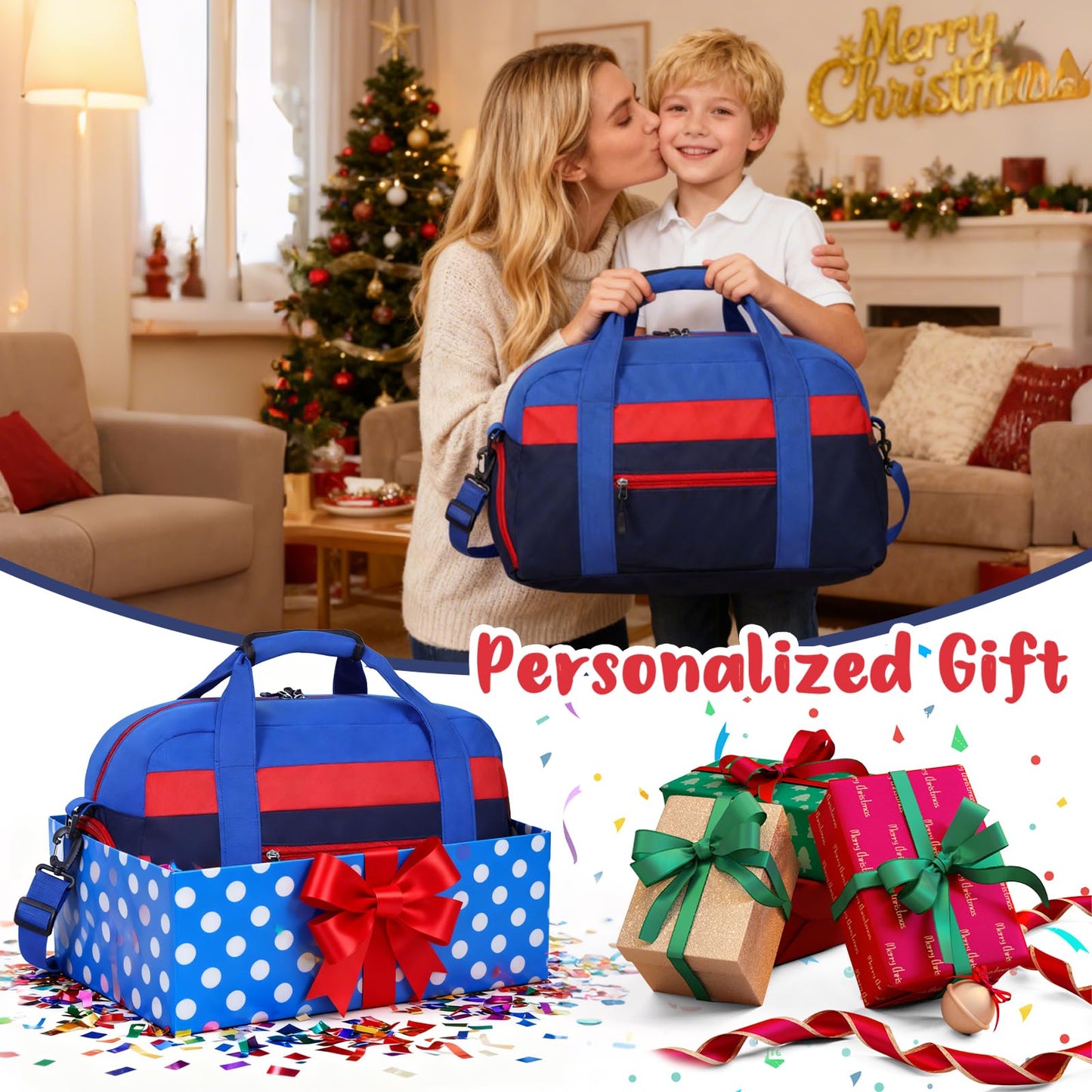 WOOMADA Kids Duffle Bag for Boys or Girls, Kids Overnight Bag with Shoe Compartment＆Wet Pocket, Ideal for School Practice, Sports, Travel(green blue)