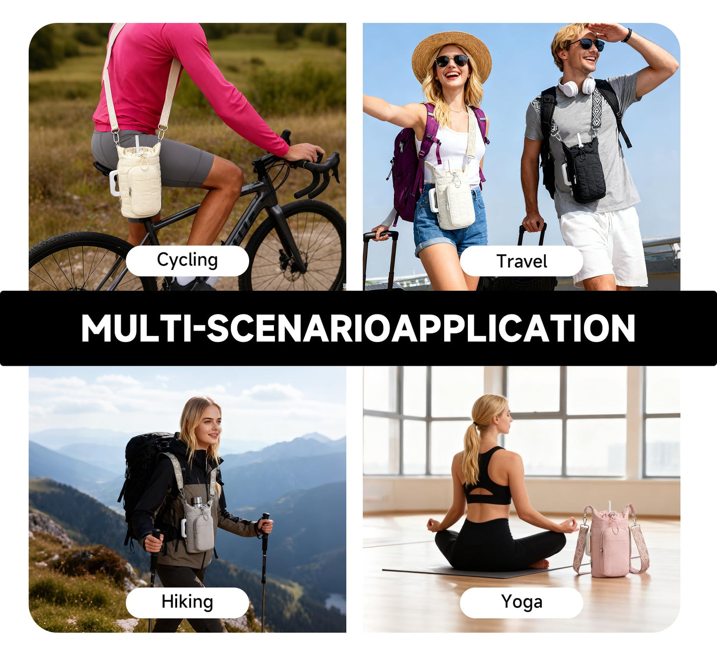 WOOMADA Water Bottle Holder Bag with Strap, 40/32 oz Crossbody Bag Gym Accessories, Sling Purses for Women(Beige)